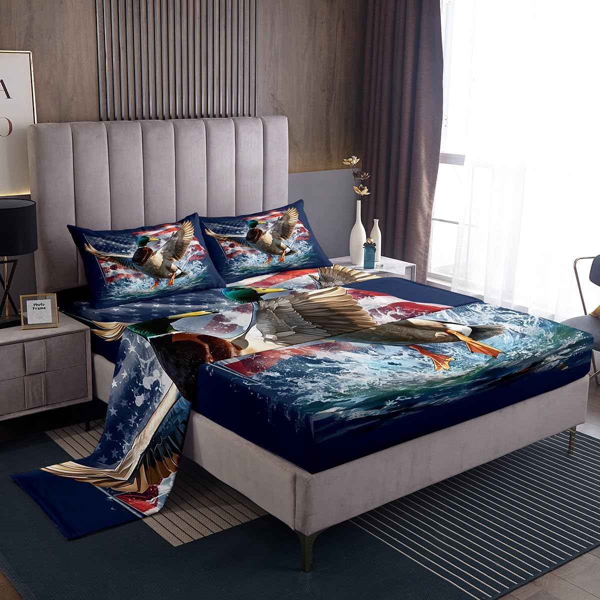 Feelyou Kids Mallard Duck Sheet Set Queen Size Anlter Hunting Bed Sheets Set Boys Girls American Flag Sheets with Deep Pocket Fitted Sheet Western Farm Farmhouse Wild Animal Bedding Set