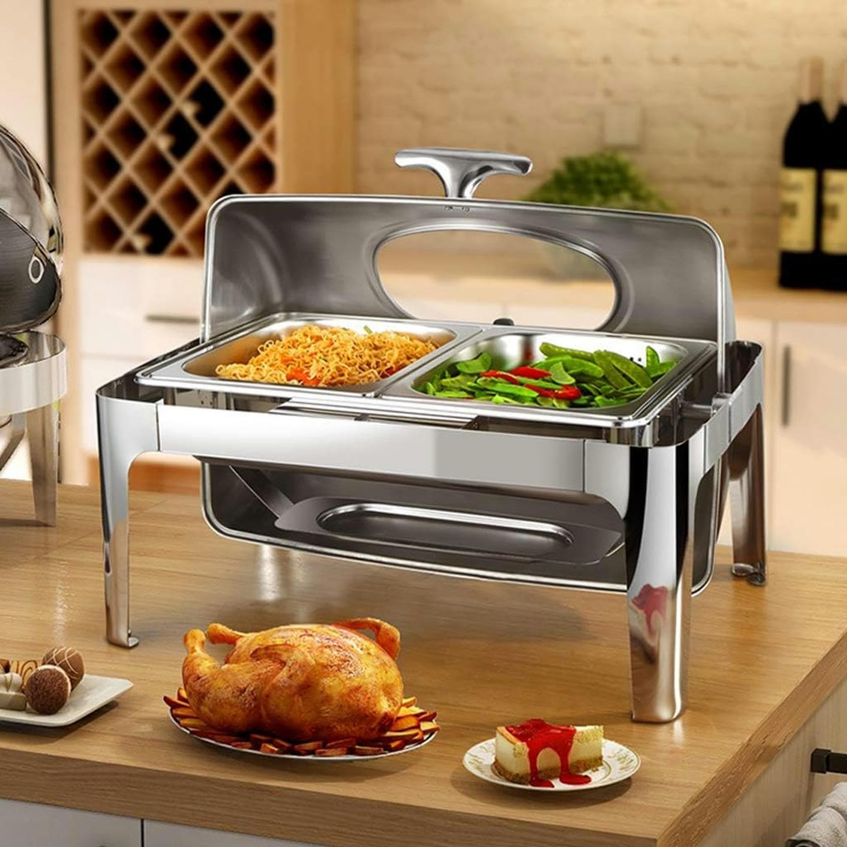Juego de platos de frotamiento de acero inoxidable de 9 litros, juego de calentador de catering plateado para buffet, juego de platos de frotamiento rectangulares, para buffet, catering, cocina,