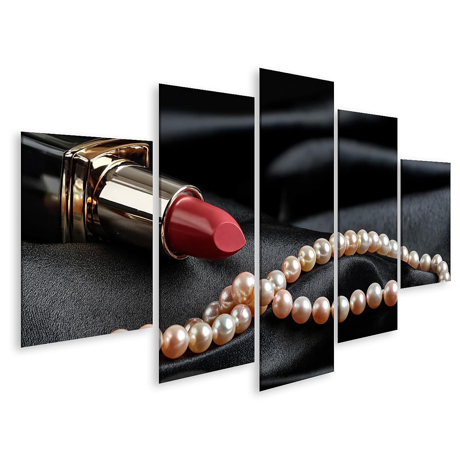 islandburner Bild auf Leinwand Eleganter roter Lippenstift mit Perlen auf schwarzem Satin - 5-teilig