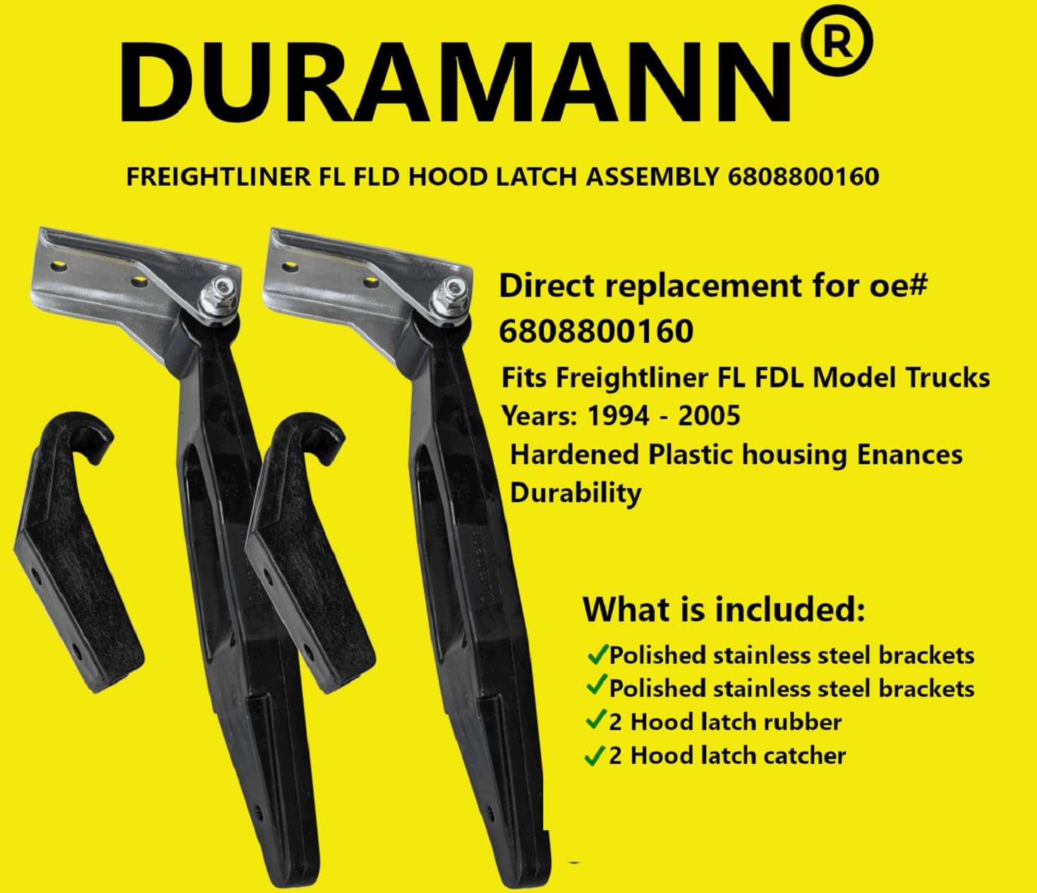 Hood Latch Assembly 6808800160 compatible with Freightliner FL FLD Sterling - polished stainless stell bracket -PAIR