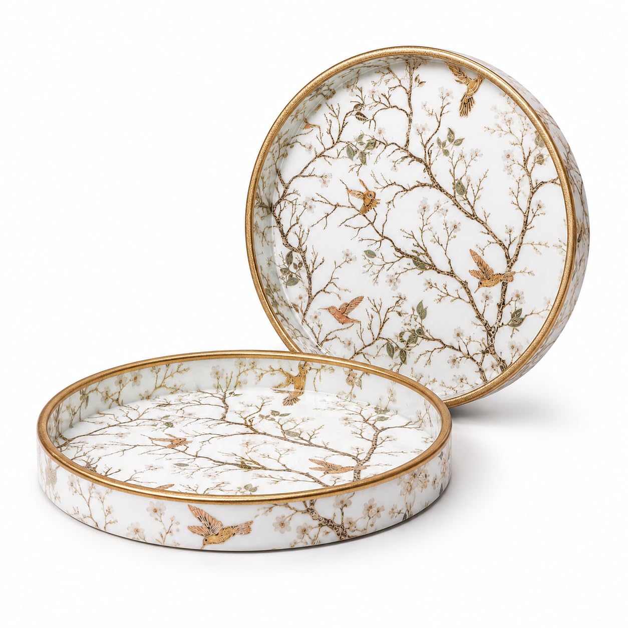 Dreams n Decor Round Wooden Serving Tray Set of 2 | MDF Decorative Trays for Center Table & Dining | Golden Hummingbird Print (7" & 9") | Perfect for Tea, Coffee, Snacks & Housewarming Gifts