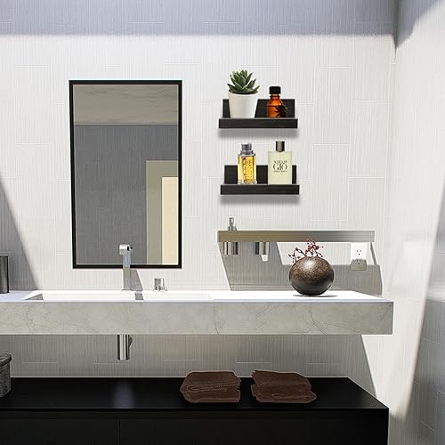 Miniatura 5 de Z metnal Estantes flotantes pequeños, estante de pared de madera natural para repisa de fotos, negro, montado en la pared, 8 x 5.5 pulgadas, 2