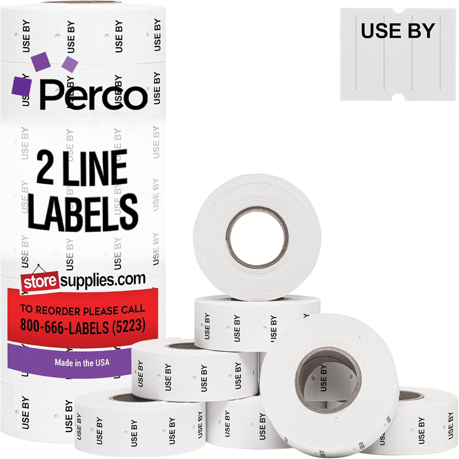 Perco 2 Line USE BY Labels - 8 Rolls, 1 Sleeve, 6,000 Blank Date Gun Labels for Perco 2 Line Date Guns - Made in USA