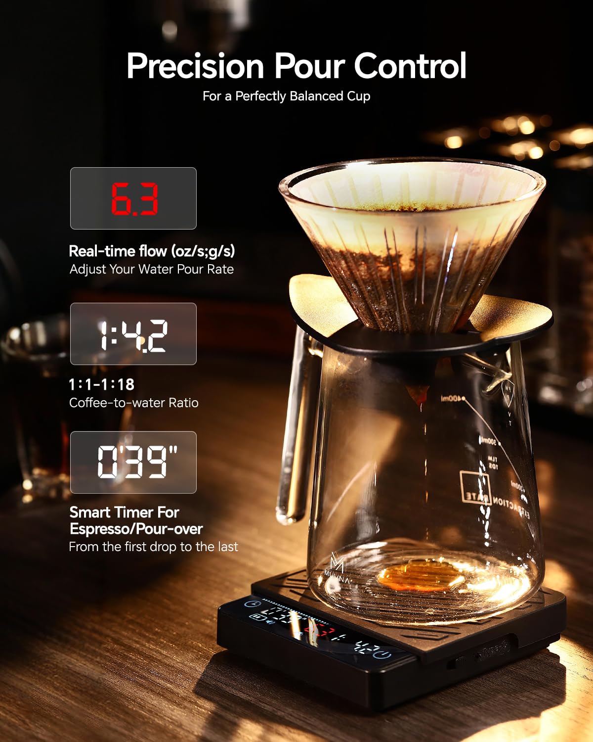 Bilancia per caffè espresso con timer e portata – MUVNA 2 kg/0,1 g, ricaricabile di precisione, per versare sopra, peso chicchi di caffè, mini display LED portatile, 4 modalità intelligenti