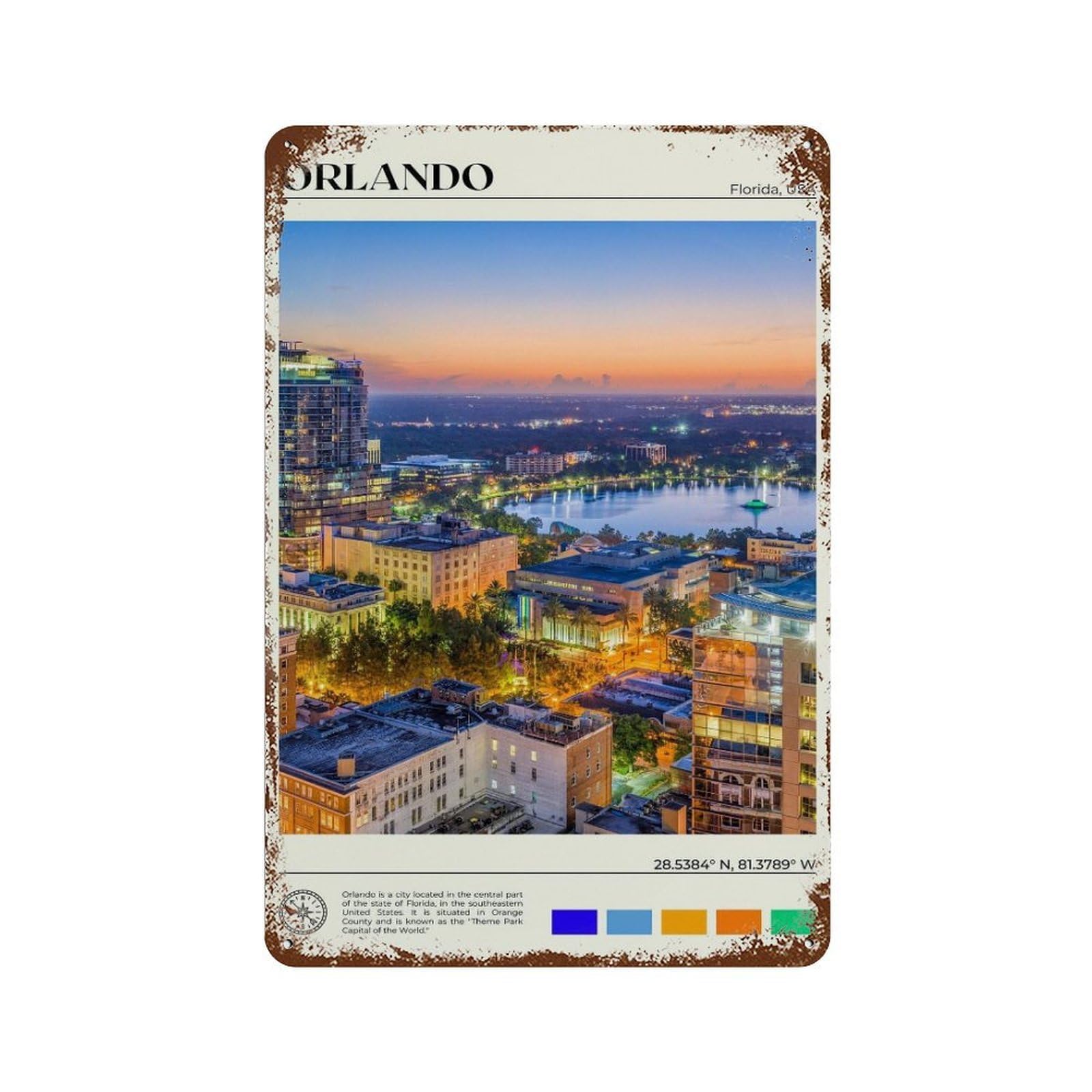 xiaoxiaoshen Real Photo Orlando Decor Florida Wall Decor Art Metal Tin Poster Modern Home Decor Art Home Bar Shop Decorations Vintage Sign 30x20cm