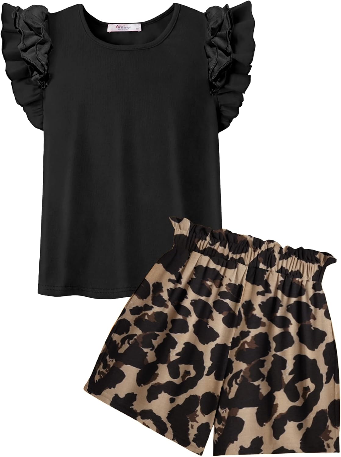 Arshiner Girls 2 Piece Outfits Summer Clothes Ruffle Short Sleeve Shirts Top and High Waist Paper Bag Shorts Set with Pockets