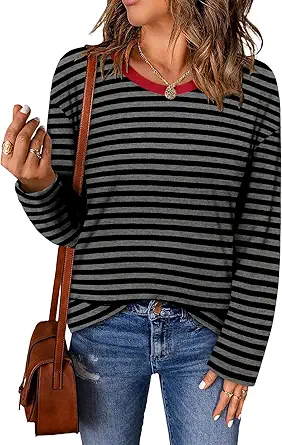 ONLYSHE Women's Casual Striped Long Sleeve Tops Crew Neck Knit Basic Loose Fit T Shirts Fall Fashion Tunic Outfits