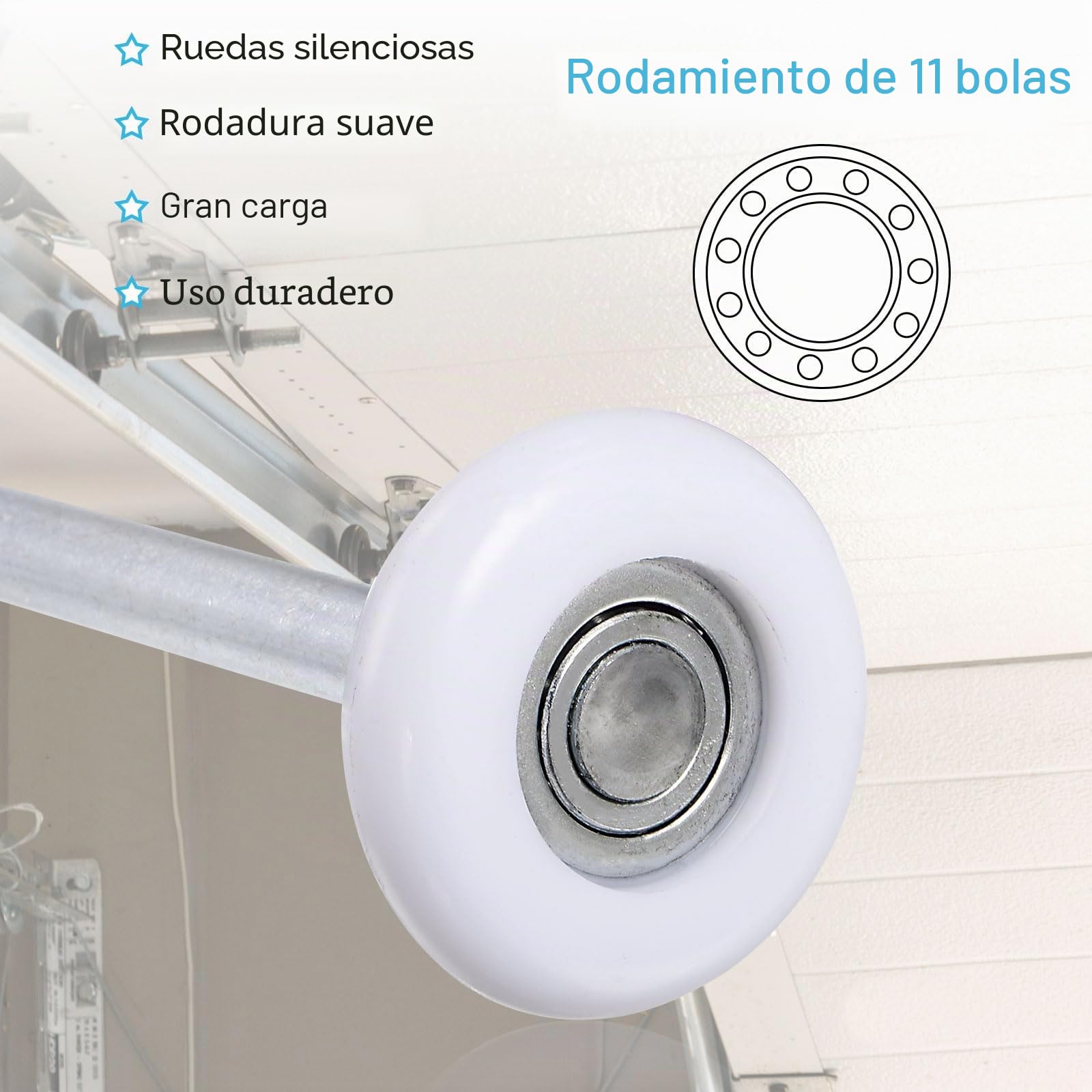QUARKZMAN 10 Uds 1.8" Rodillos de Puerta de Garaje de Nylon Para 2" Riel de Garaje, 7" Vástago Largo Ruedas Silenciosas, Rodamiento de Precisión 6200Zz de 11 Bolas, Blanco