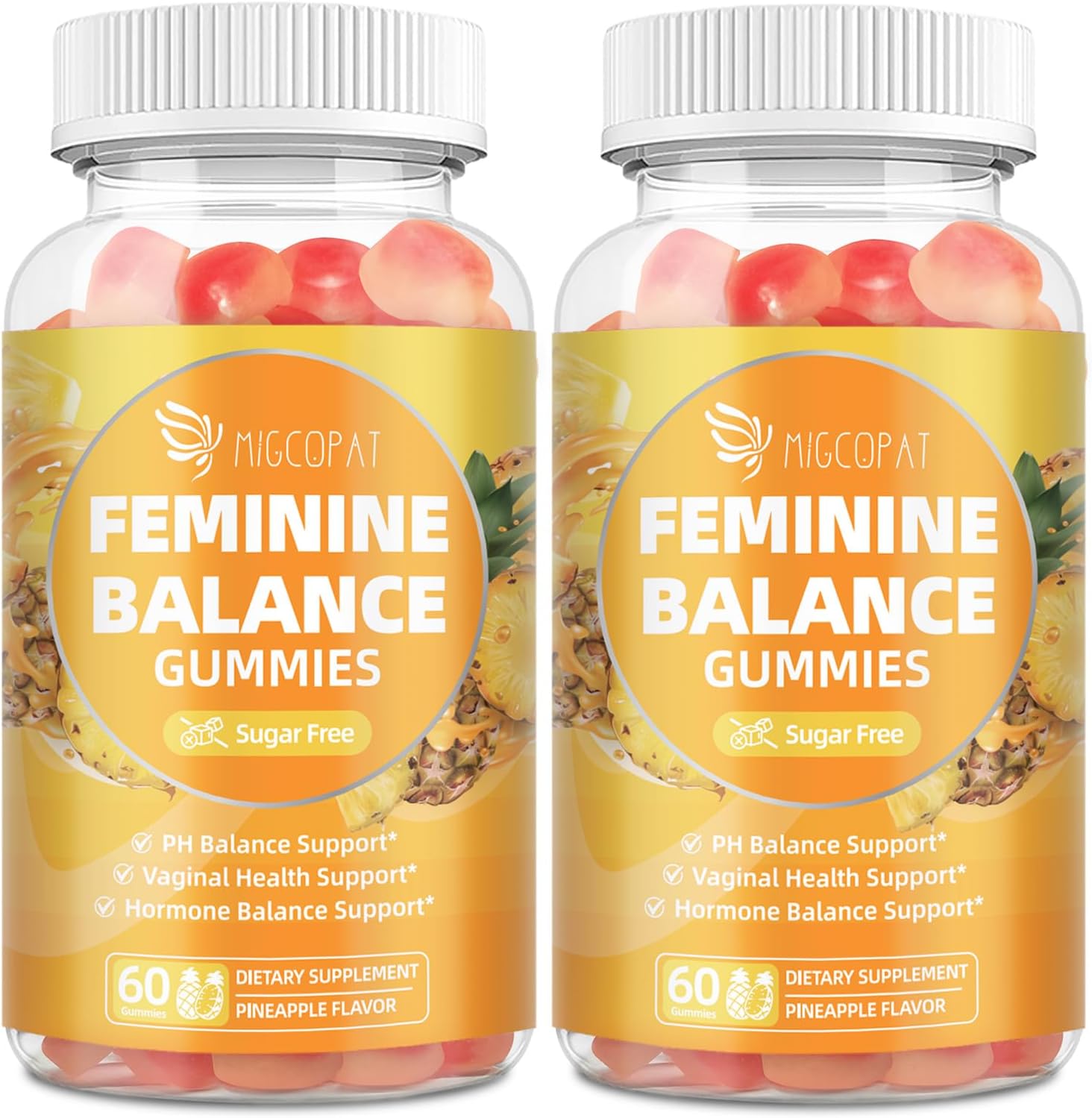 Migcopat Premium Feminine Balance Gummies – 2 Pack, Probiotic + Enzyme Blend for Digestive, Hormone & PH Balance, Pineapple Flavor, 120 Gummies