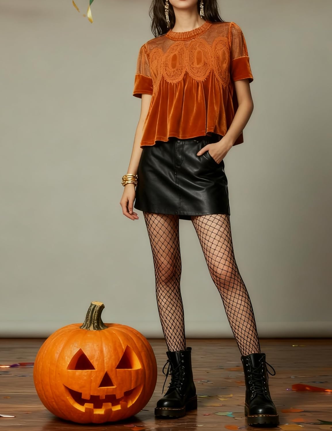 Gozoloma Women's Velvet Lace Blouse Casual Round Neck Short Sleeve Flared Swing Top Elegant Loose Intricate Back Design - Image 5