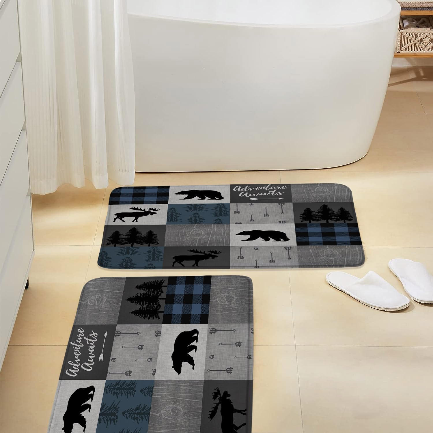 2 Pcs Retro Rustic Cabin Bath Mat Blue Black Buffalo Check Bear Moose Deer Elk Forest Hunting Memory Foam Soft Doormat Kitchen Bathroom Mat/Rugs