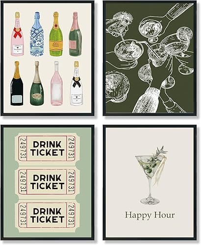 ULEGIE Decoración de pared de bar, decoración de carrito de bar, decoración de pared retro de cóctel de champán, juego de 4, póster de bar,