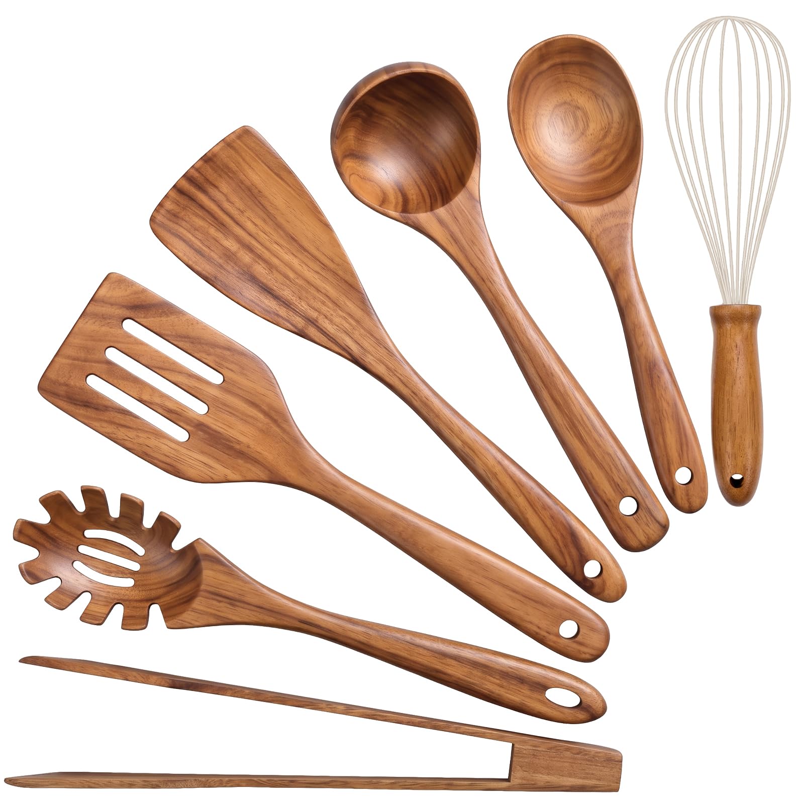 Holzküchenutensilien zum Kochen, Teakholz Kochbesteck Set, Holz Kochlöffel, Pfannenwender antihaft für Kochgeschirr – 7er Set