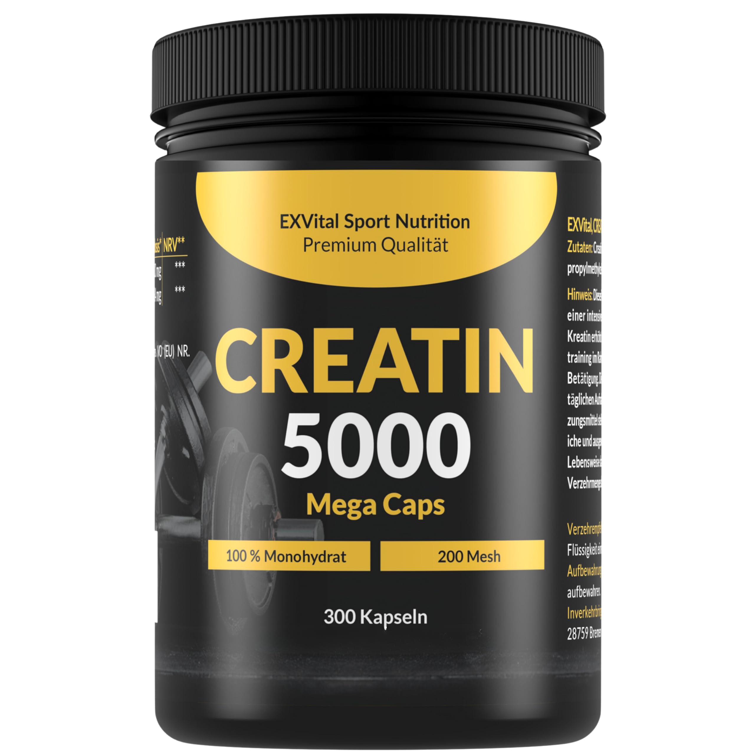 Creatin 5000 Mega Caps, 5000 mg Creatin Monohydrat pro Tagesdosis, 300 vegane Kapseln, 100% rein mit Mesh Faktor 200- Vegan & laborgeprüft