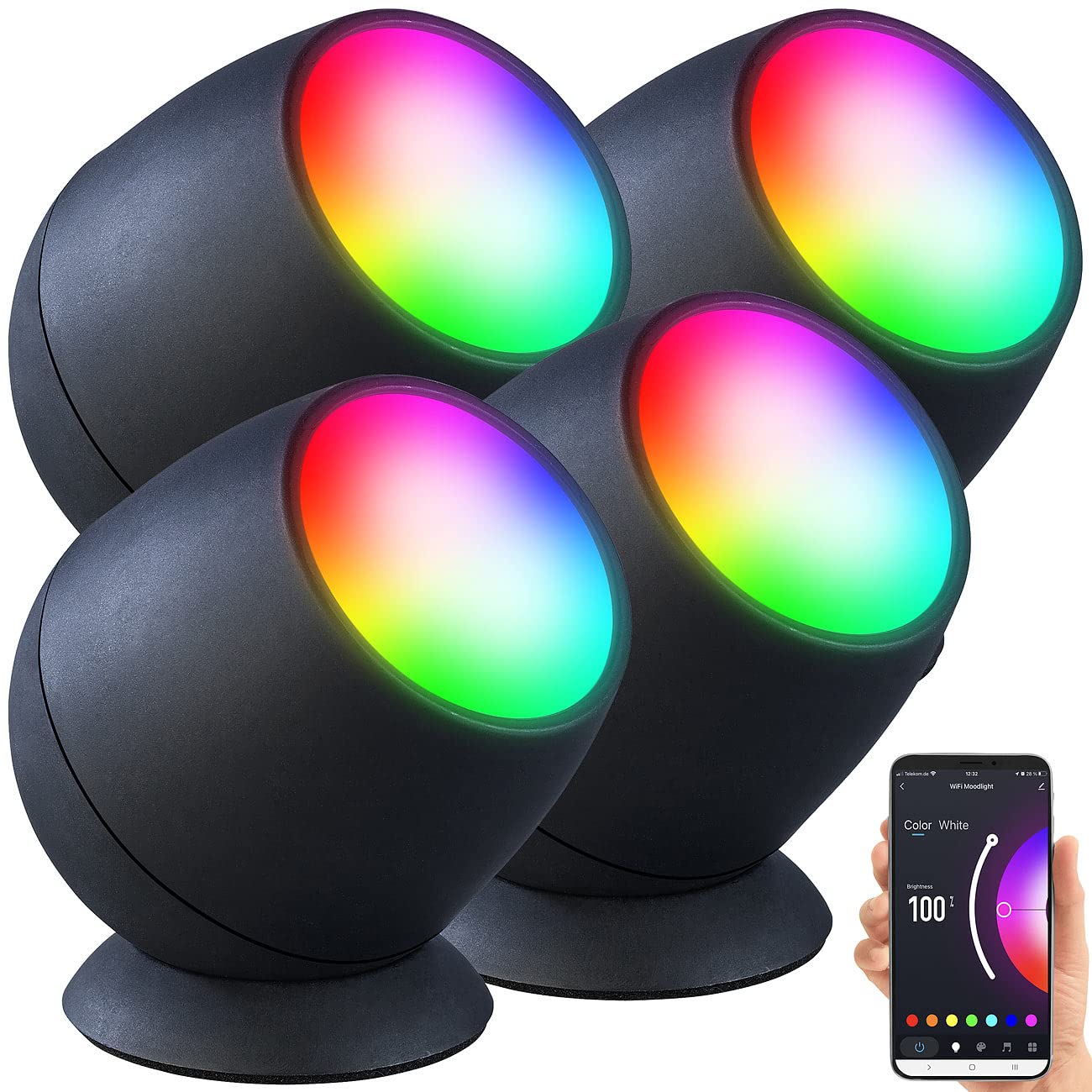 Luminea Home Control WiFi-LED-Lampen: 4er-Set WLAN-Stimmungsleuchten, RGB-CCT-LEDs, 210lm, 2,2W, USB,schwarz (Stimmungs-Lichter, Alexa-Tischlampe, Dot)