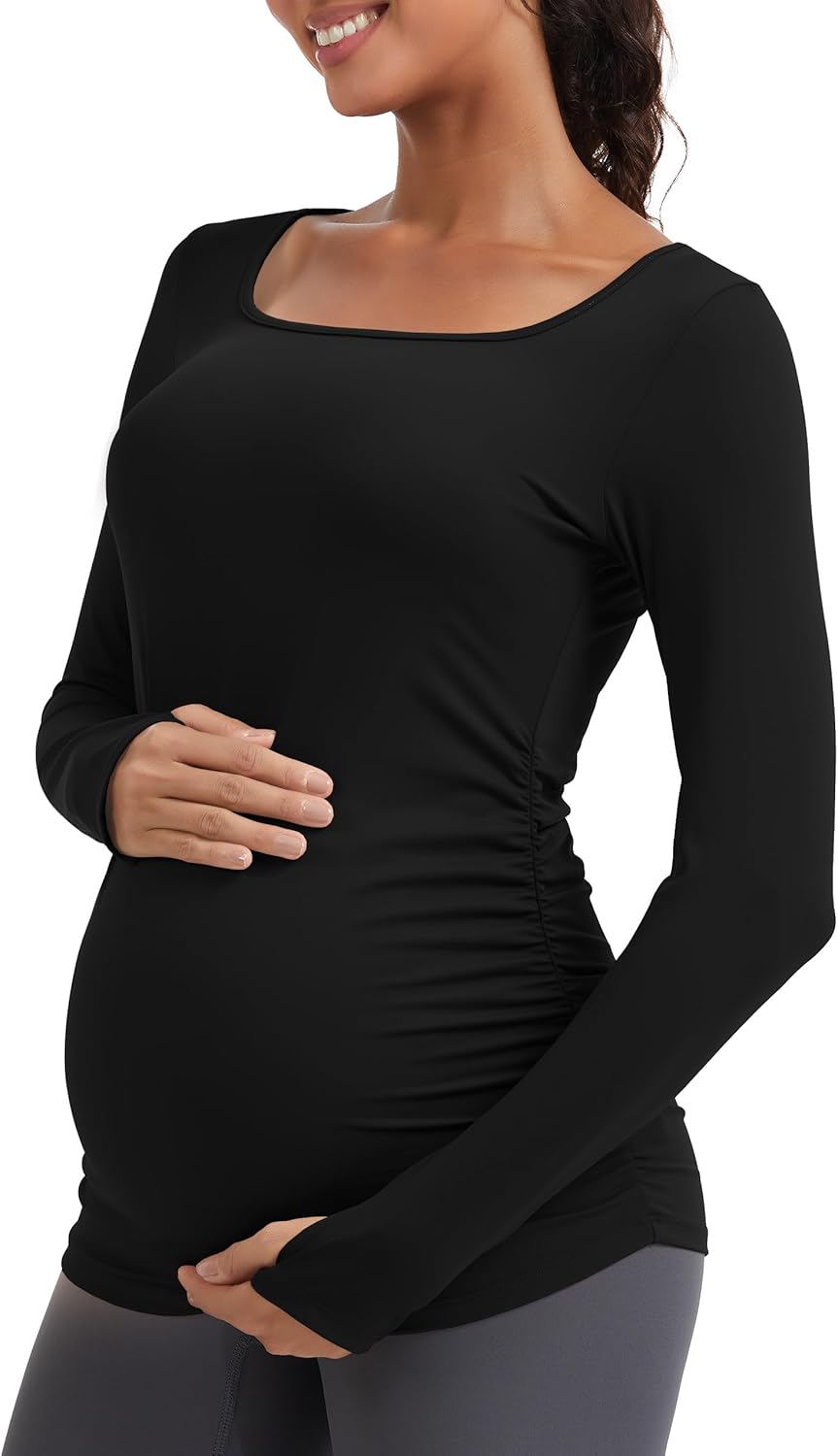 MathCat Maternity Long Sleeve Shirt with Thumbleholes, Maternity Tops Squar Neck Side Ruched Pregnancy Yoga Casual Tee