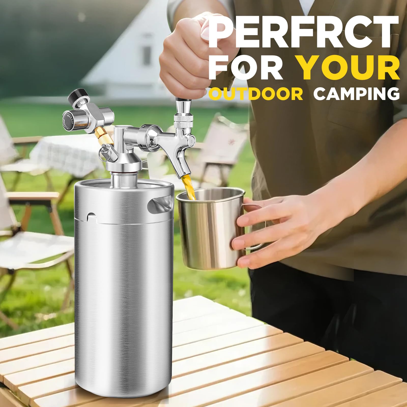 Mini-Fass-Growler, Edelstahl-Bierfass-Zapfhahn-System, tragbarer Bierspender zum Frischhalten und 55 PSI CO2-Druck, Kohlensäure, Bierzapf-System für selbstgebraut, Camping (silberfarben)