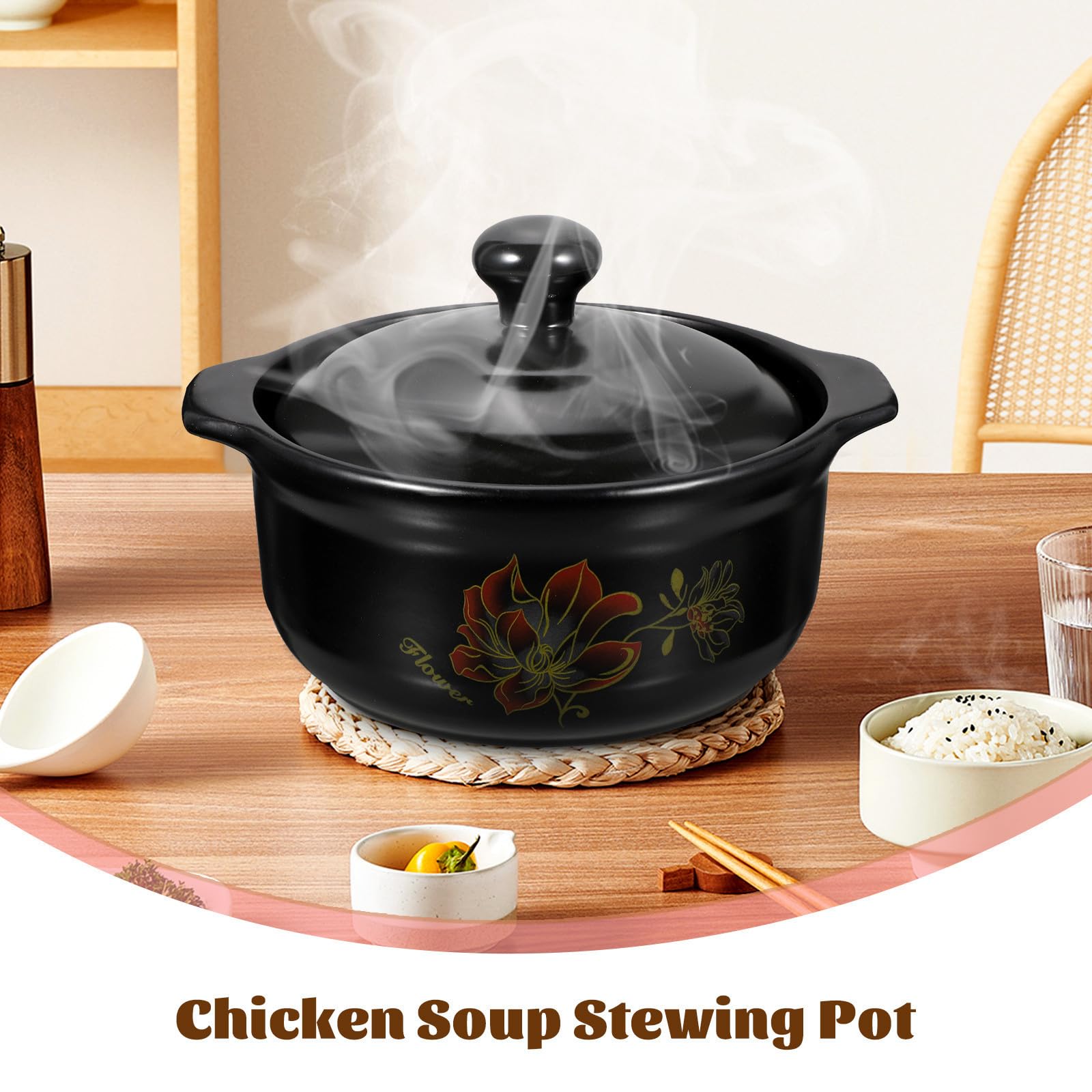 Pentola in Ceramica Nera Coperchio, per Cucina e Cottura | Distribuzione Uniforme del Calore, Conserva Calore, Praticità Elevata, Uso Domestico Quotidiano