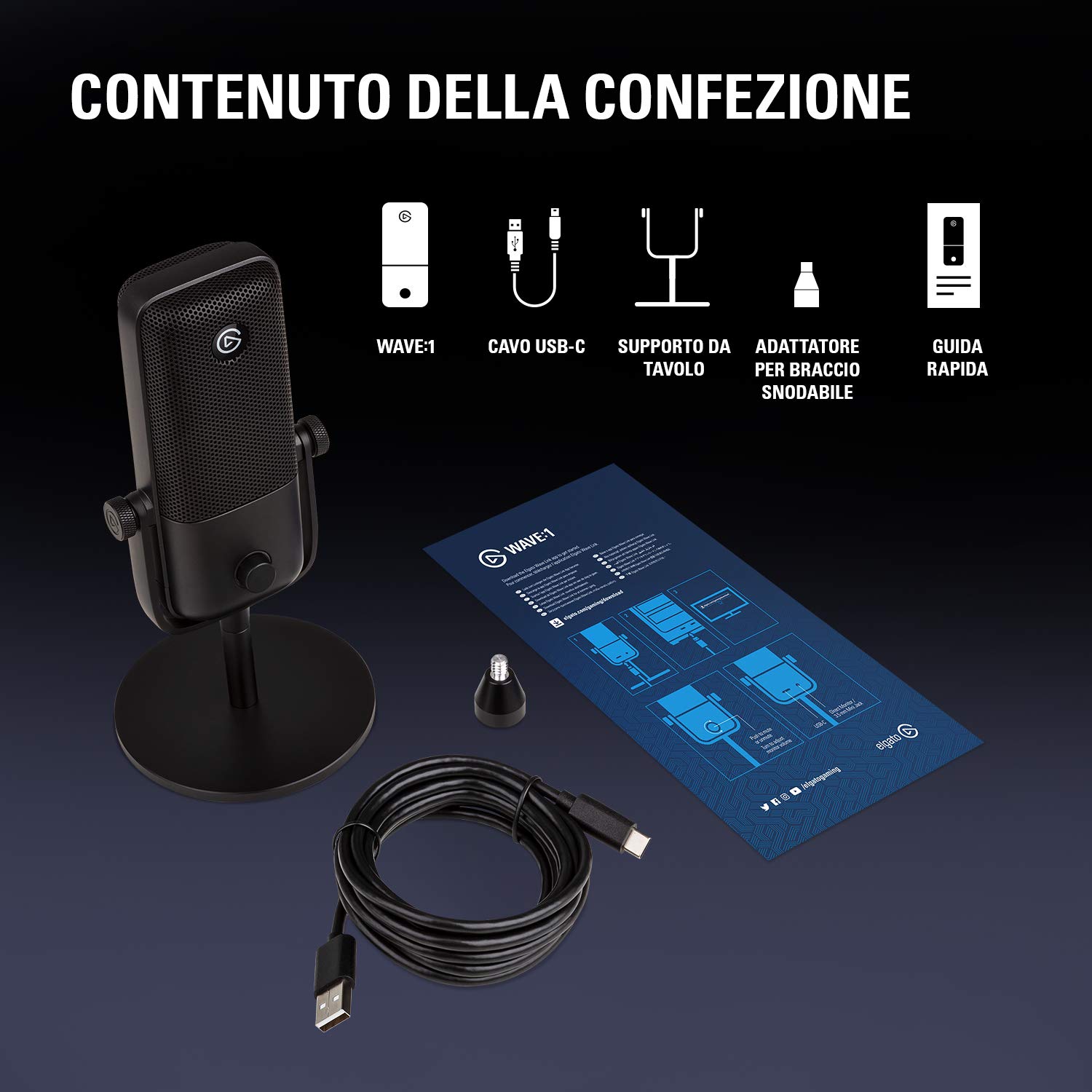 Elgato Wave:1, microfono condensatore USB per streaming, gaming, home office, software di mixaggio gratis, plug-in per effetti audio, anti-distorsione, plug & play, Mac/PC