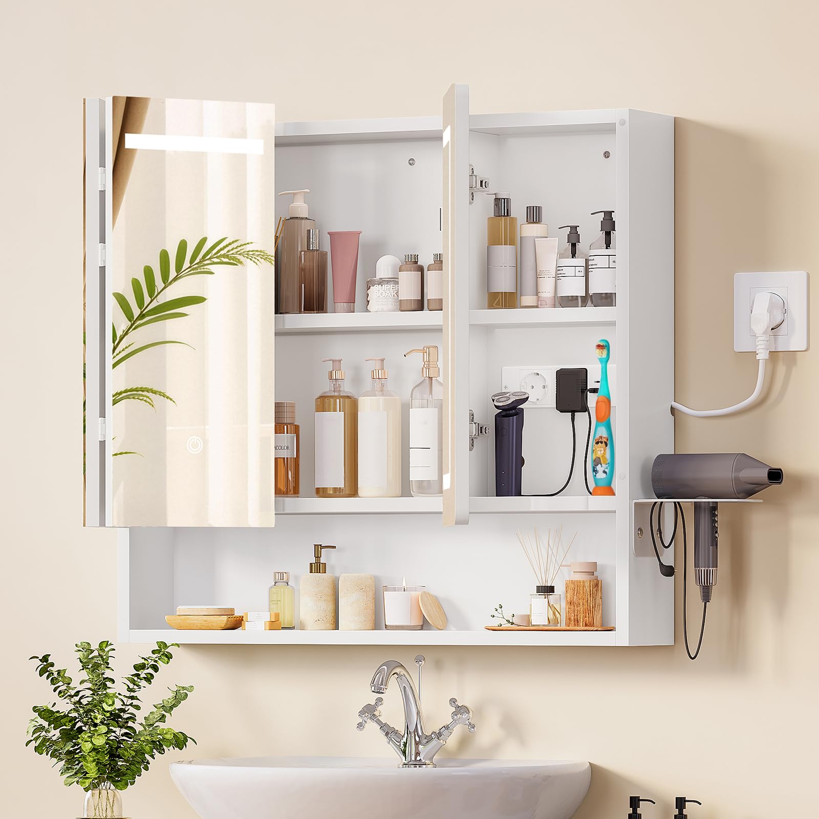 TEENFON Specchio Bagno Contenitore con Luce LED e Presa Elettrica, Mobile Bagno a Specchio con 3 Ante e Gancio Asciugacapelli, 3 Temperature di Luce Dimmerabili a Touch, Ripiani Regolabili, Bianco
