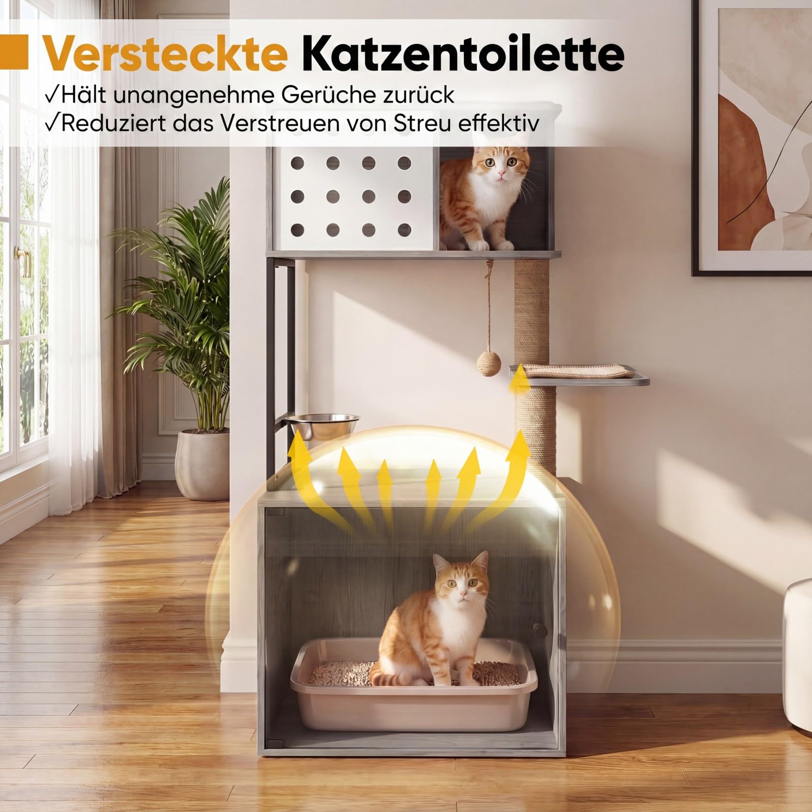 COSTWAY Kratzbaum mit Katzenklo Schrank, Katzenschrank für Katzentoilette, Katzenhaus Holz, Katzenkratzbaum mit Futterstation, Sisalpfosten, Kratzmatten & Eingang, Katzenbaum Katzen (Grau)