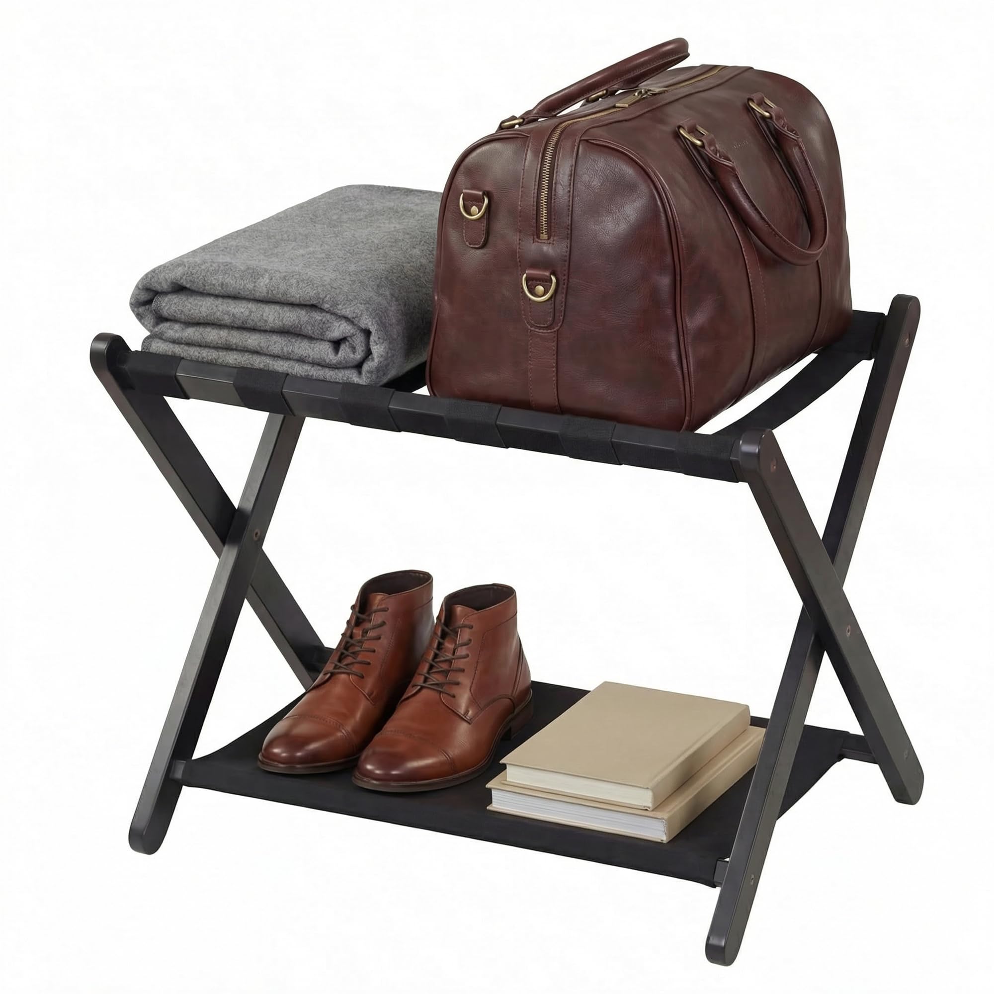 GYMAX Portaequipajes Plegable, Soporte para Maletas de Madera de Caucho Maciza con 2 Niveles de Almacenamiento, Estantes de Nailon, para Habitación de Invitados, Dormitorio, 67 x 46 x 52 cm (Negro)