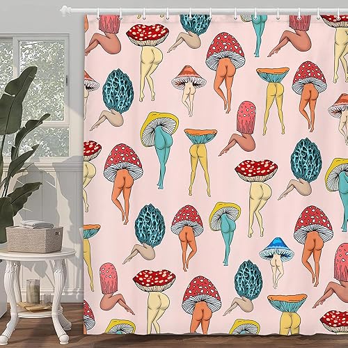 Miniatura 2 de Divertida cortina de ducha con trasero de hongo, divertida y sexy, de los años 70 y 80, cortinas de ducha de tela para baño, hippie, psicodélico,