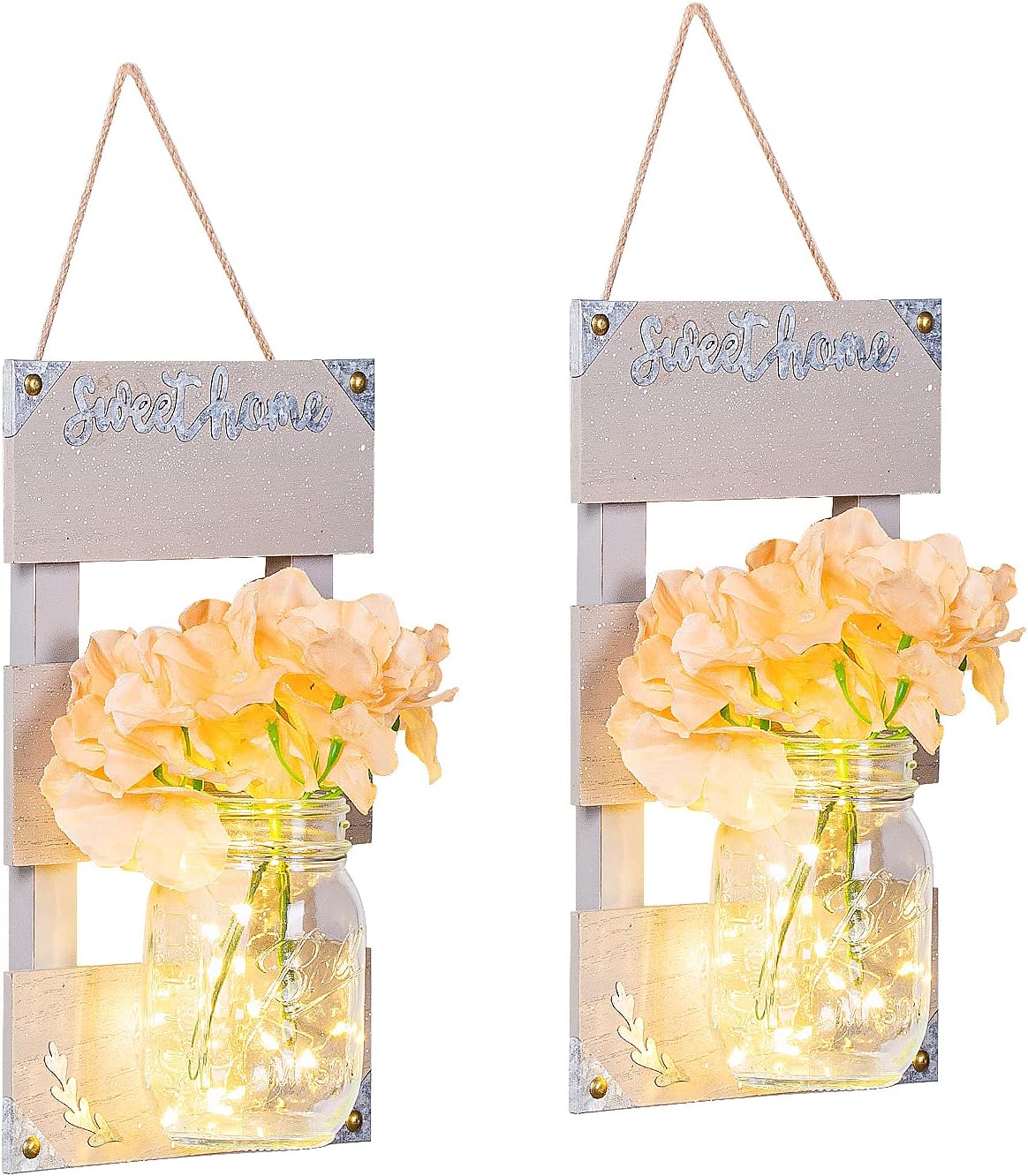 Decorative Mason Jar Sconces Wall Decor-Rustic Gray Wall Sconces- Handmade Wall Art Hanging Design with LED Fairy Lights and Flowers, 6-Hour Timer,for Home & Kitchen Decorations,Set of 2 (M)