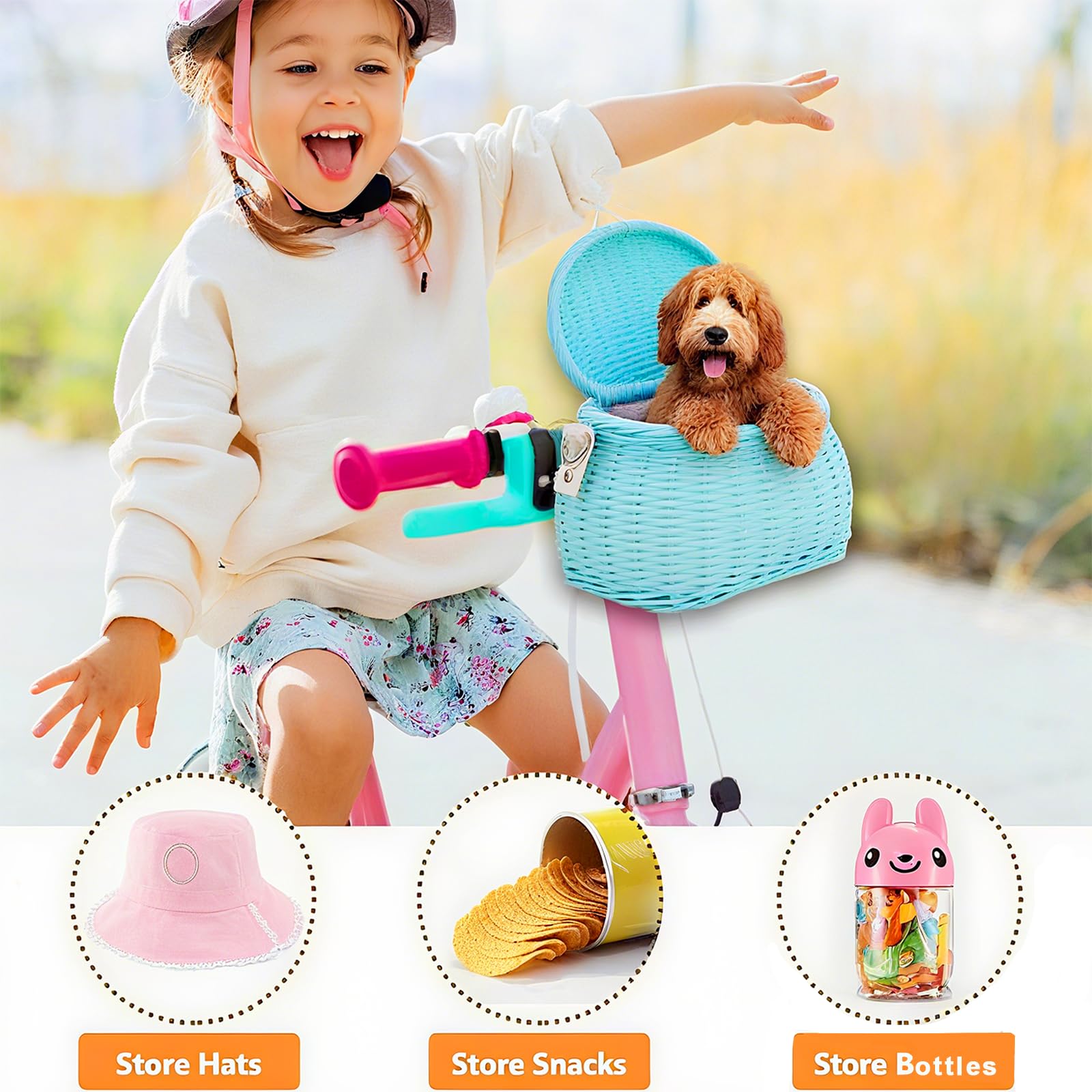 Panier de vélo pour enfants, paniers de vélo pour filles et garçons, panier de guidon avant pour enfants avec couvercle et bandoulière