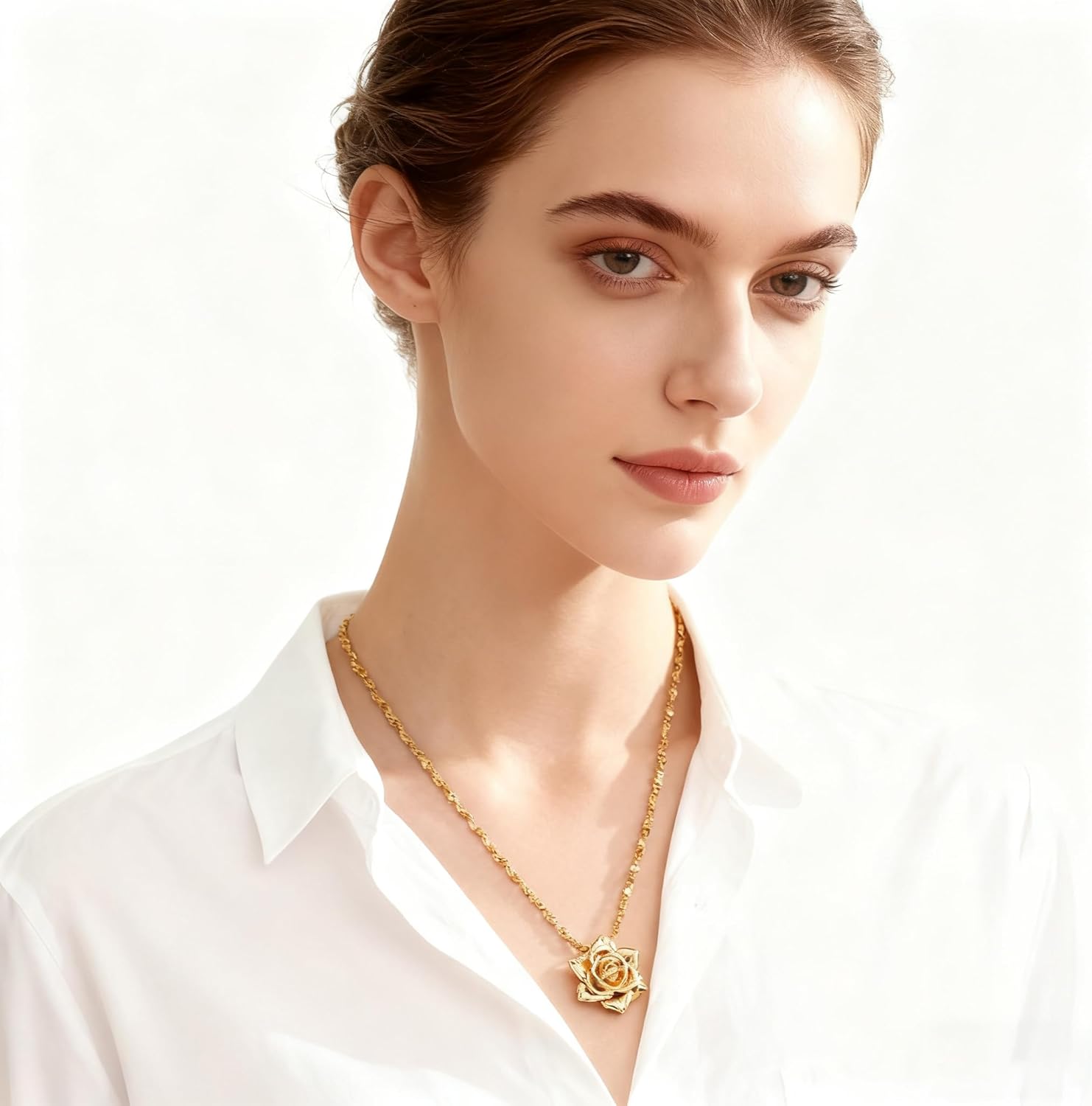 YUJIE Gold Plated Necklace for Women Delicate 3D Gold Rose Flower Pendant Adjustable Twisted Chain Romantic Luxury Statement Jewelry Gift - Image 3