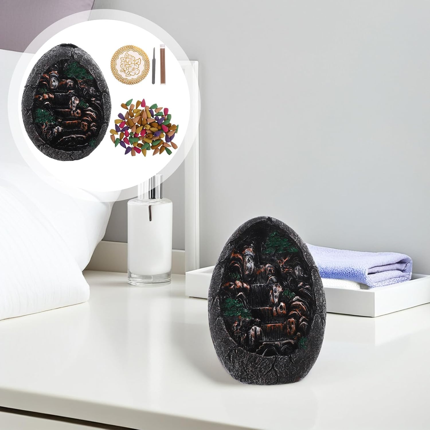 ULTECHNOVO Backflow Incense Burner Fountain Resin Aromatherapy Holder with 120 Backflow Cones 30 Incense Sticks Tweezers Mat Indoor Fragrance Decoration for Home Meditation