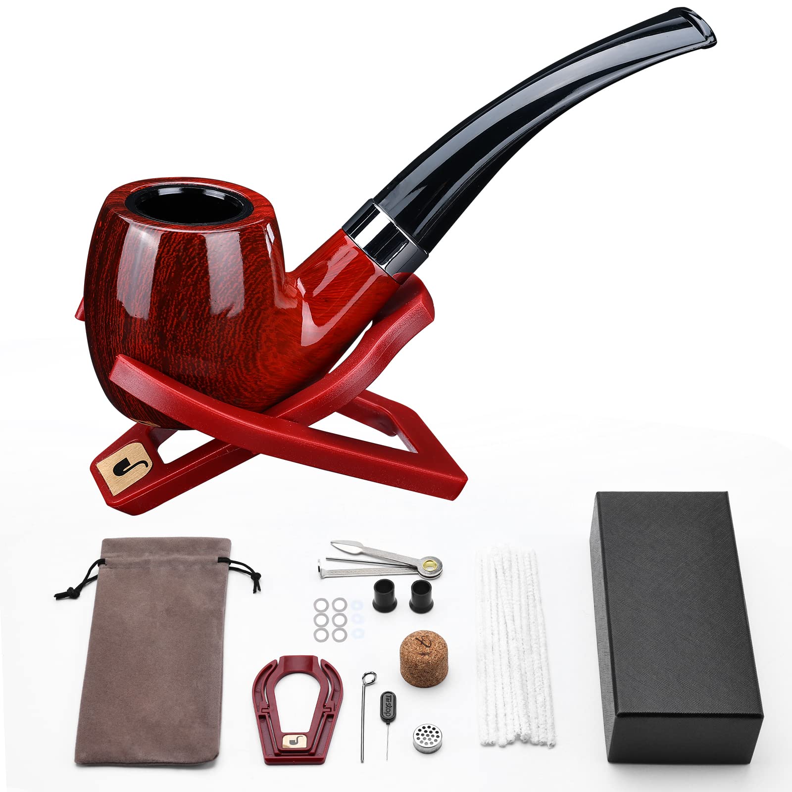 Obetis Tobacco Pipe, Bent Tobacco Pipes, Perfect Beginner Starter Pipe Kit with Ultimate Beginner Guide E-Book - Gift Set and Accessories
