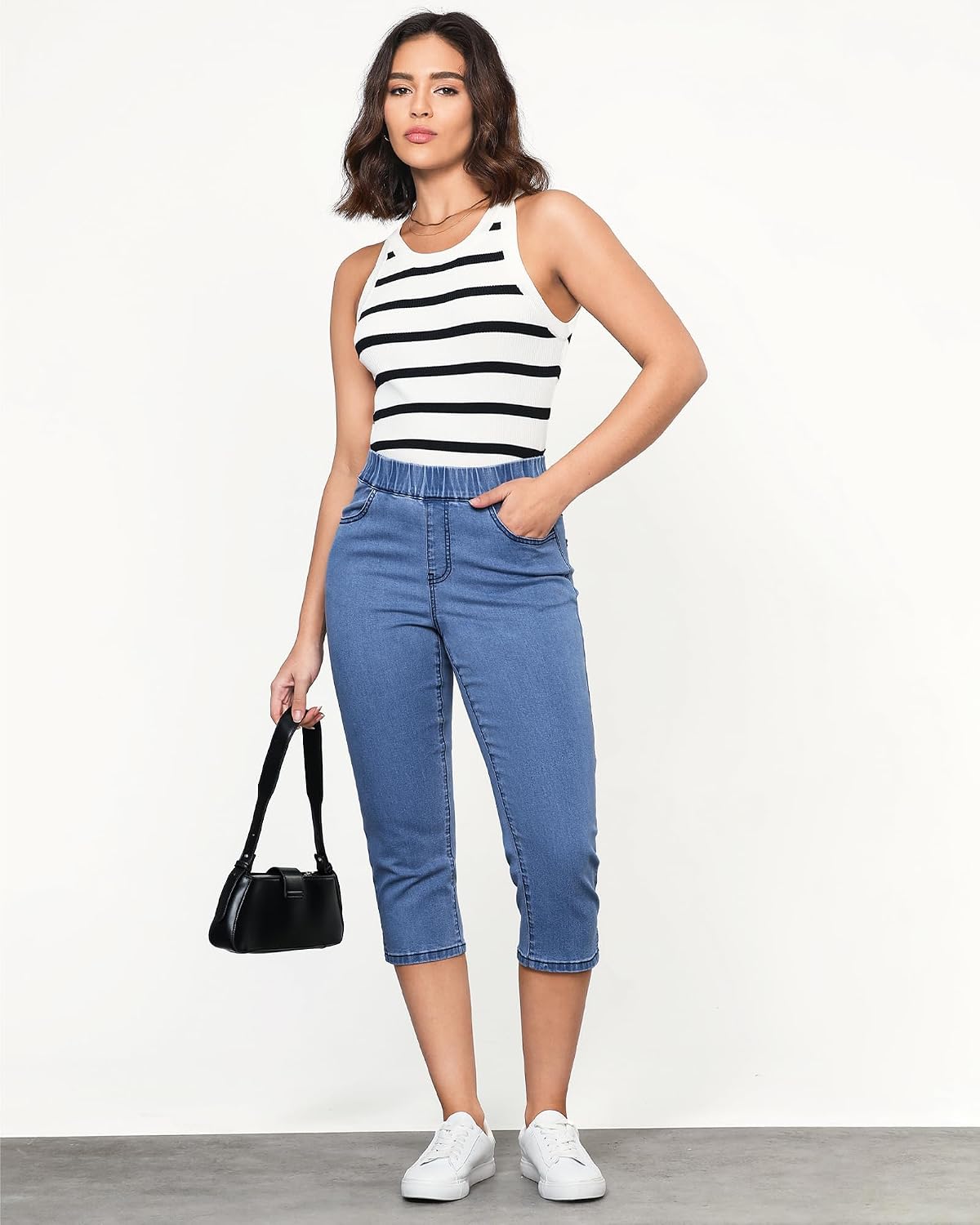 GRAPENT Capris Jeans for Women High Waisted Trendy Pull On Elastic Waist Split Hem Skinny Stretchy Denim Capri Pants