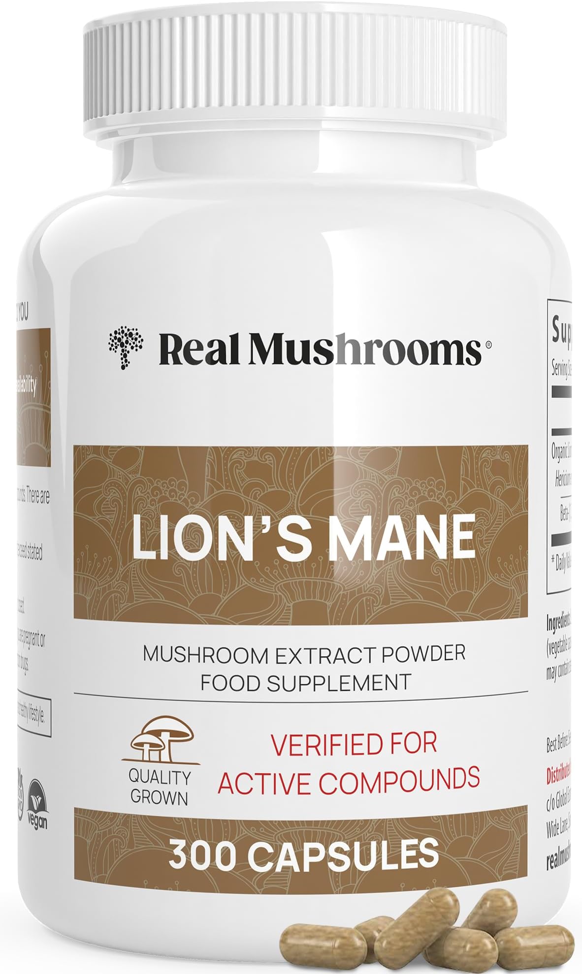 Real Mushrooms Lion’s Mane Capsules - Organic Lions Mane Mushroom Extract for Cognitive Function & Immune Support - Brain Supplements for Memory and Focus - Vegan Mushroom Supplement, 300 Caps