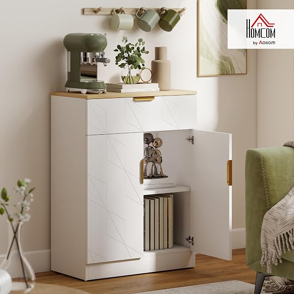 HOMCOM Sideboard Storage Cabinet, Modern Storage Cupboard with Drawer and Adjustable Shelf for Living Room, Kitchen, Dining Room, Entryway, White - 2