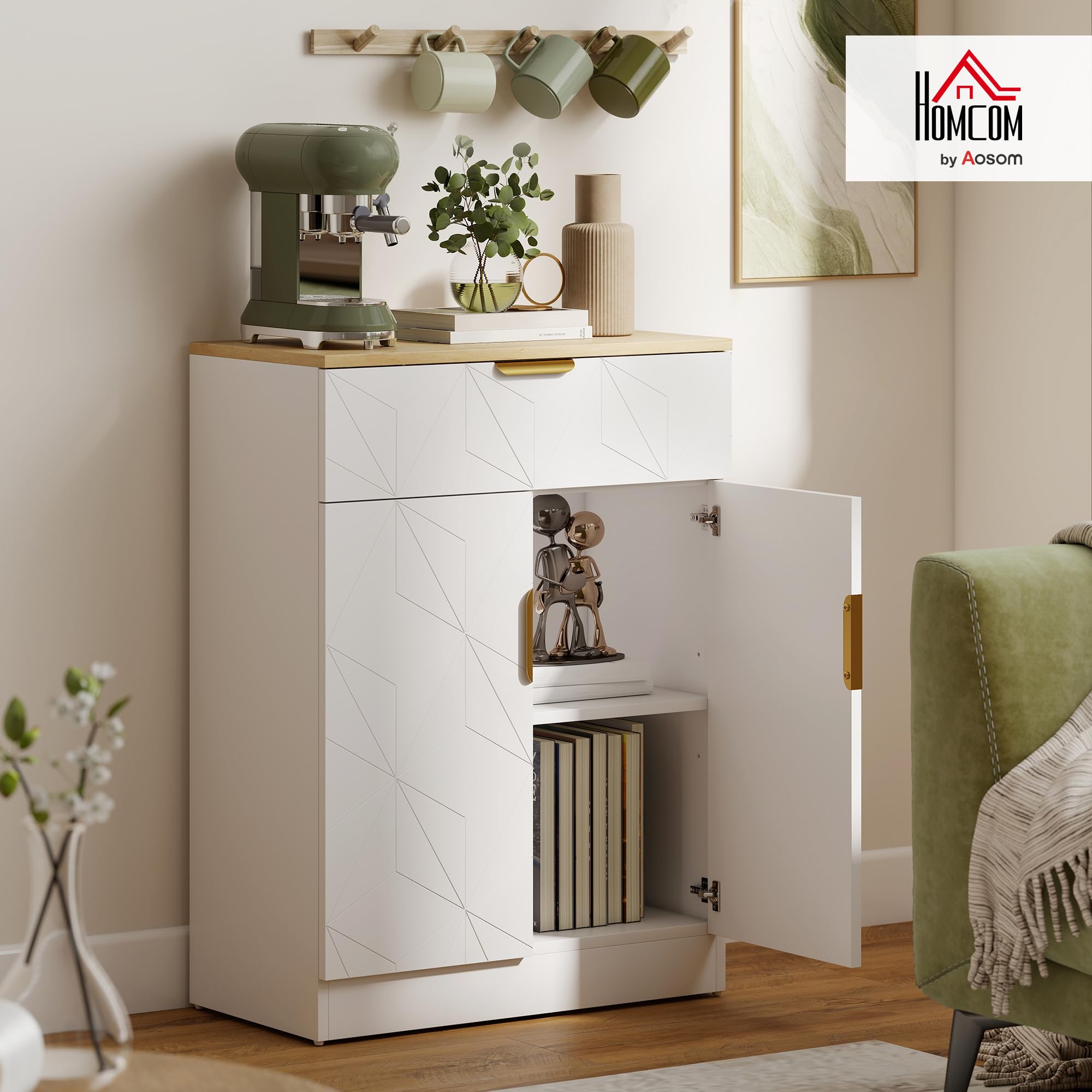 HOMCOM Sideboard Storage Cabinet, Modern Storage Cupboard with Drawer and Adjustable Shelf for Living Room, Kitchen, Dining Room, Entryway, White - 3