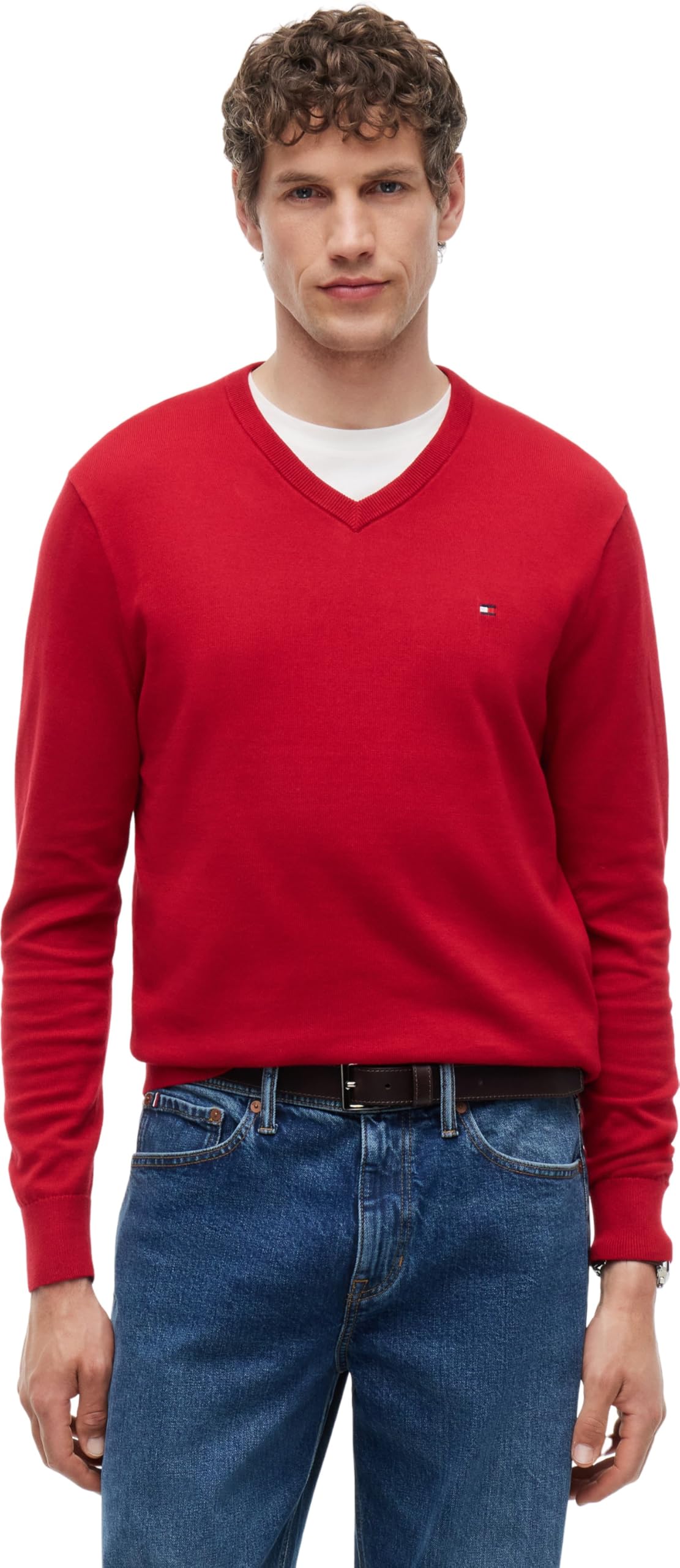 Tommy Hilfiger Men’s Essential Cotton V-Neck Jumper, Red (Medium Red), XXL