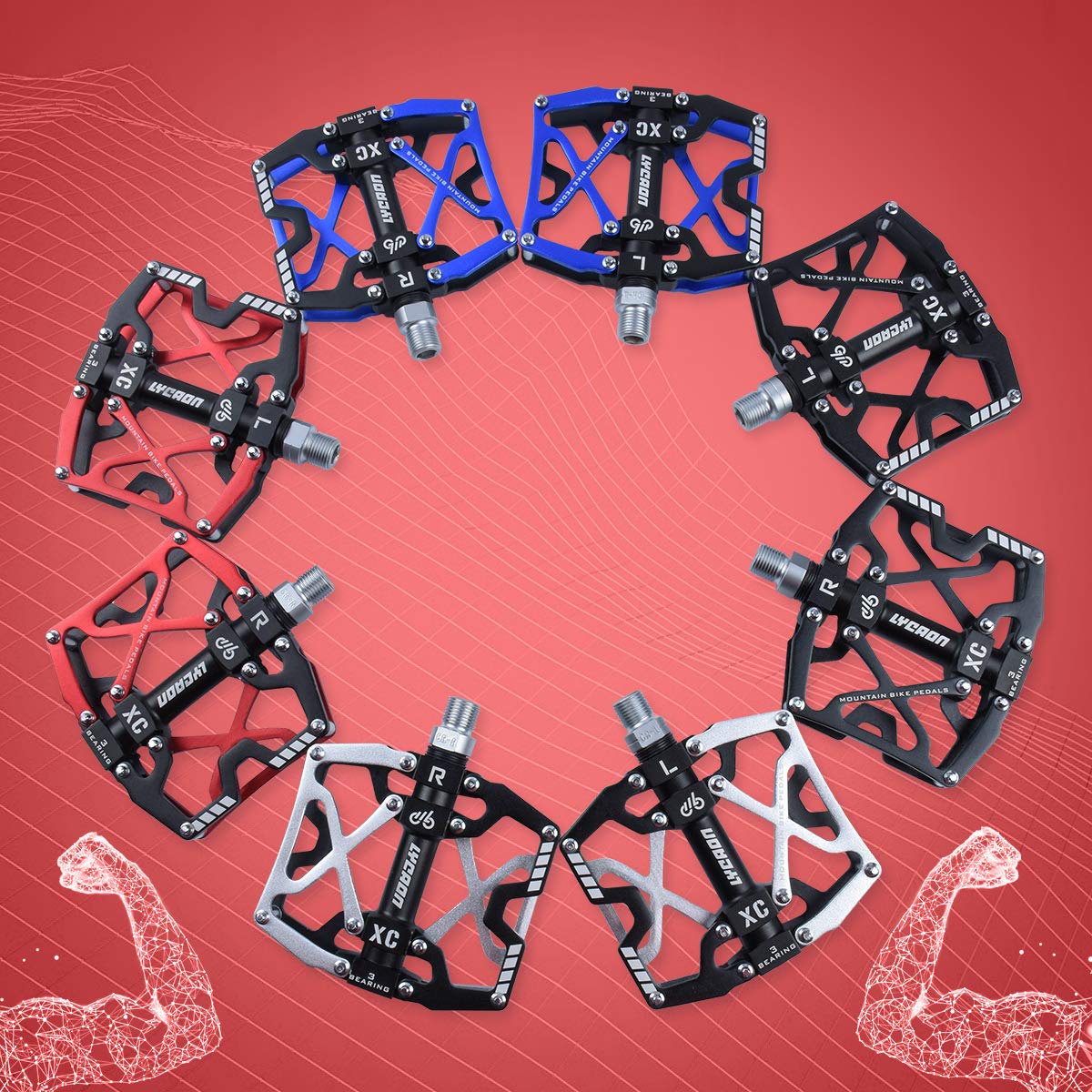 LYCAON Pedali per Bicicletta, Pedale per Bici Antiscivolo in Lega di Alluminio CNC, 3 Pedali Cuscinetti per BMX MTB 9/16 Pollici