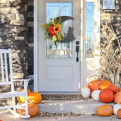 Miniatura 8 de Coronas de luna de Halloween para puerta delantera, otoño, guirnalda de corona de otoño con diseño de gato y luna, coronas de flores artificiales