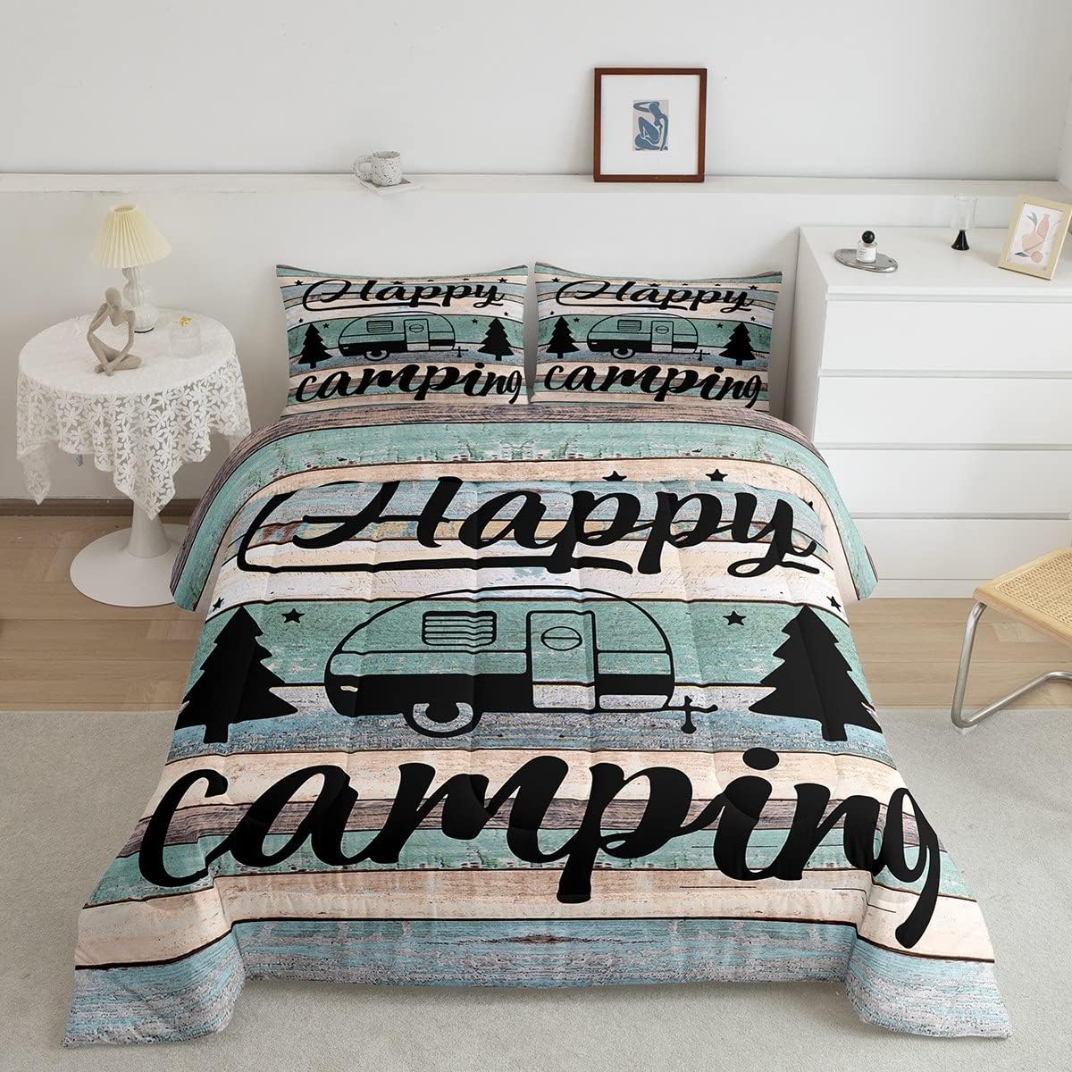 Camper Comforter Queen Size Happy Camping Bedding for Boys