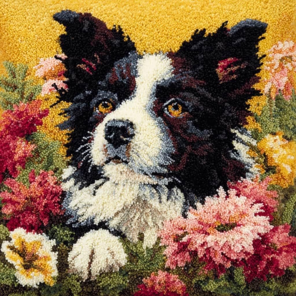 Taxpy Latch Hook Cushion Kit for Adults Beginners Border Collie Complete All-in-One DIY Rug Making Kit with Hook, Yarn and Canvas-Creative Craft Gift- Home Decor Pillow Cover 17X17 Inch