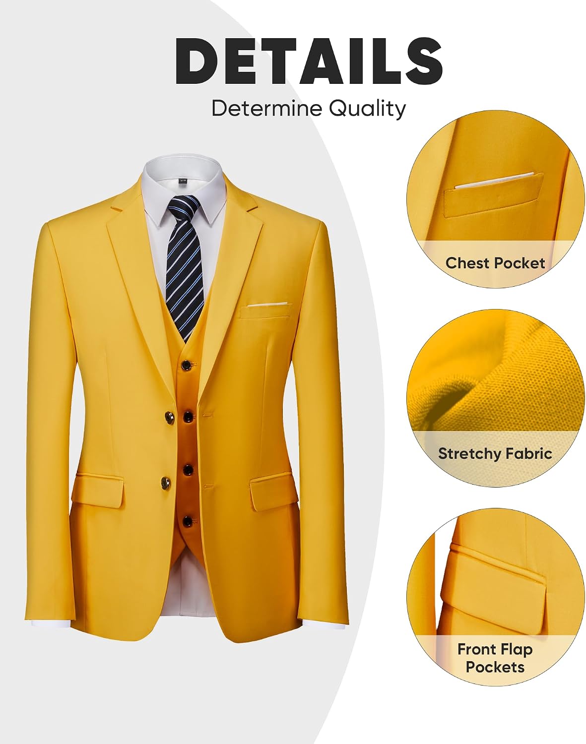 Men's 3 Pieces Suit Set Solid Two Button Slim Fit Party Prom Business Wedding Jacket Blazer Vest Pants with Tie