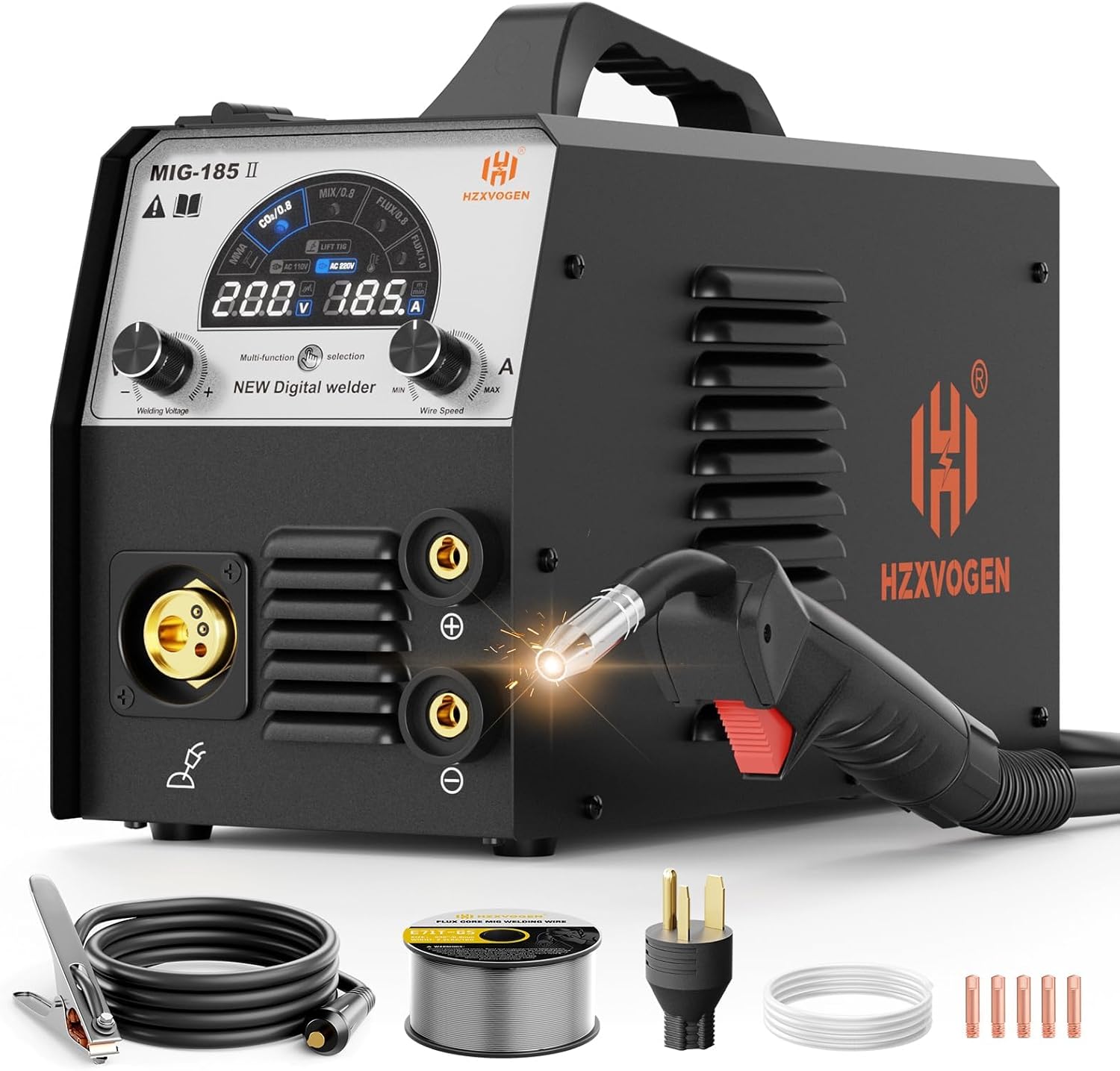 H HZXVOGEN 185A MIG Welder, 110V/220V Dual Voltage, 4-in-1 Gas MIG/Flux Core MIG/Lift TIG/Stick Welding Machine with Synergic Multiprocess Large LED Digital Display, IGBT Inverter