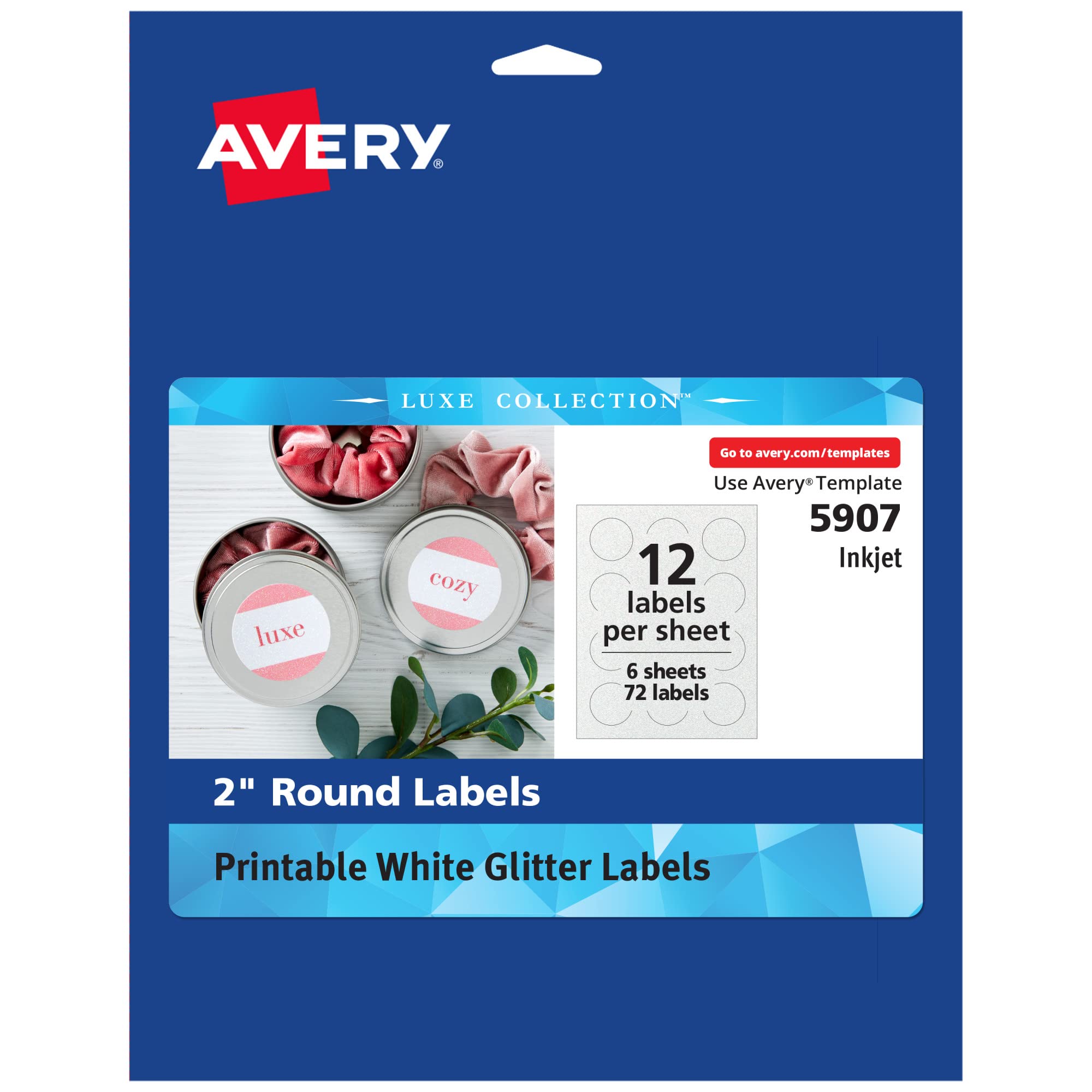 Avery Luxe Collection Glitter Stickers, 2" Diameter, Mess-Free White Glitter, Print to The Edge, Easy Peel, Printable Glitter Sticker Paper for Inkjet Printers, 72 Round Labels Total (05907)