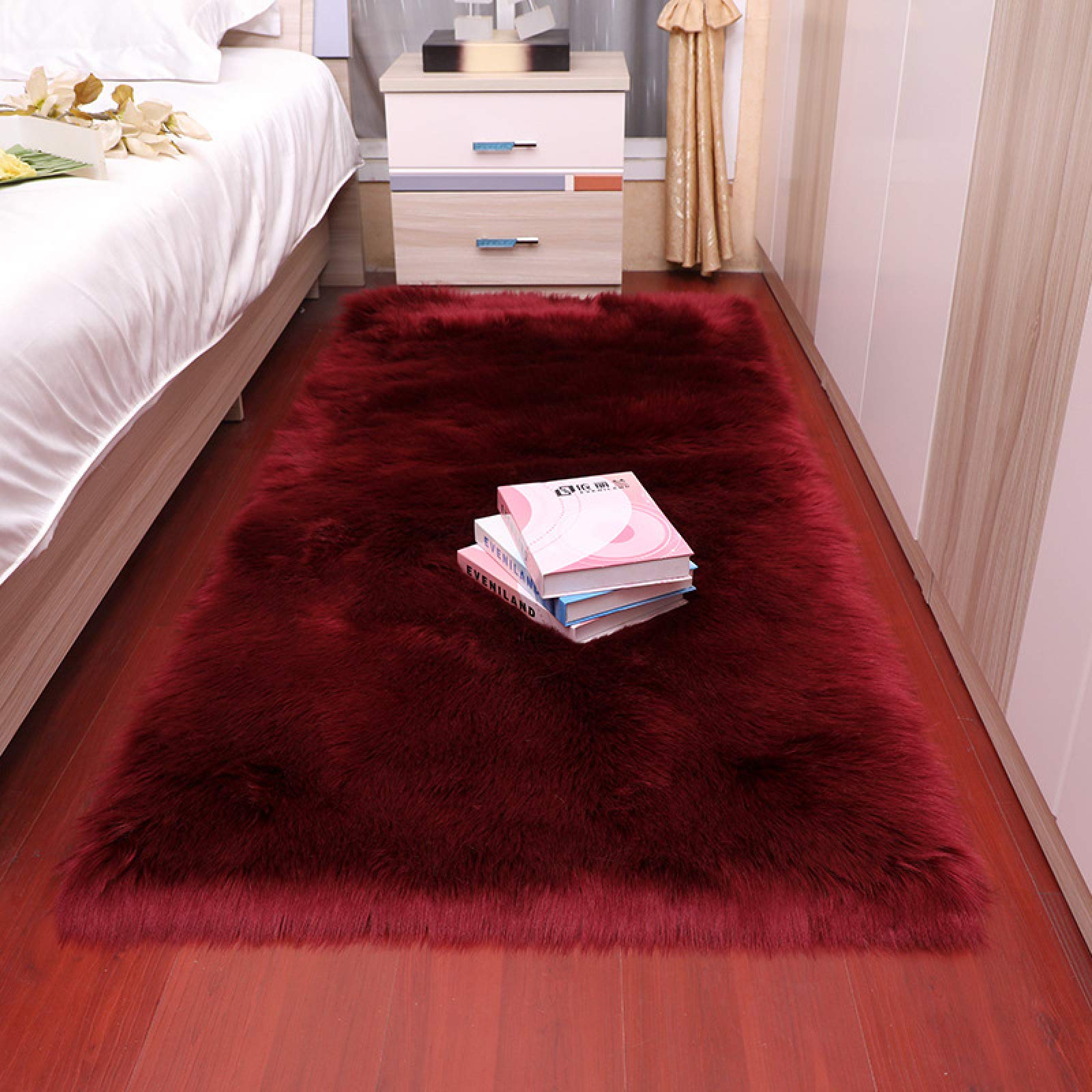 Rotwein Lammfellimitat Carpet für Schlafzimmer,Kunstfell Teppich für Schlafzimmer Wohnzimmer Sofa Deko,80x160cm/31.4x62.9in