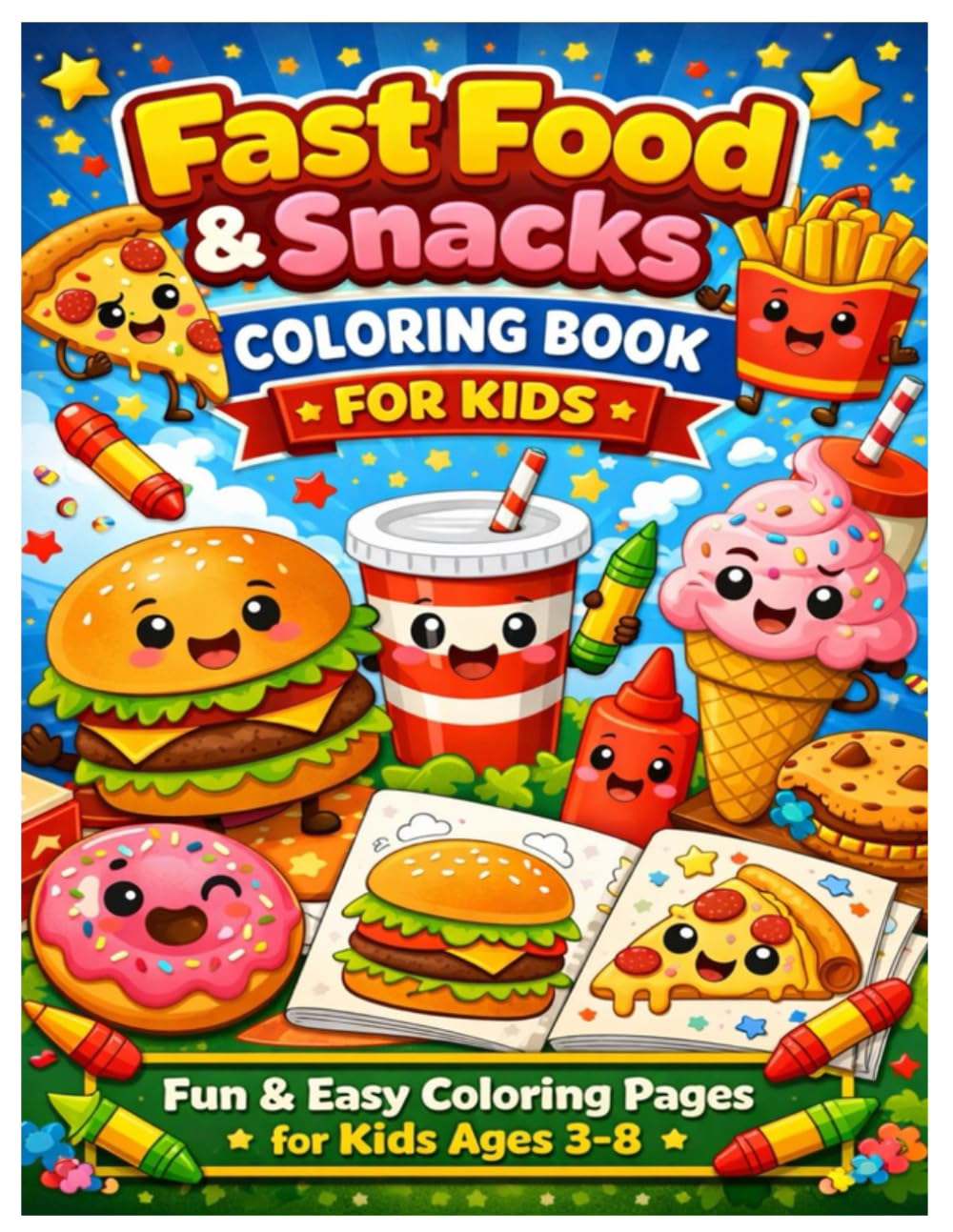 Fast Food & Snacks Coloring Book for Kids: Fun & Easy Coloring Pages of Burgers, Pizza, Fries, Ice Cream & More for Kids Ages 3–8