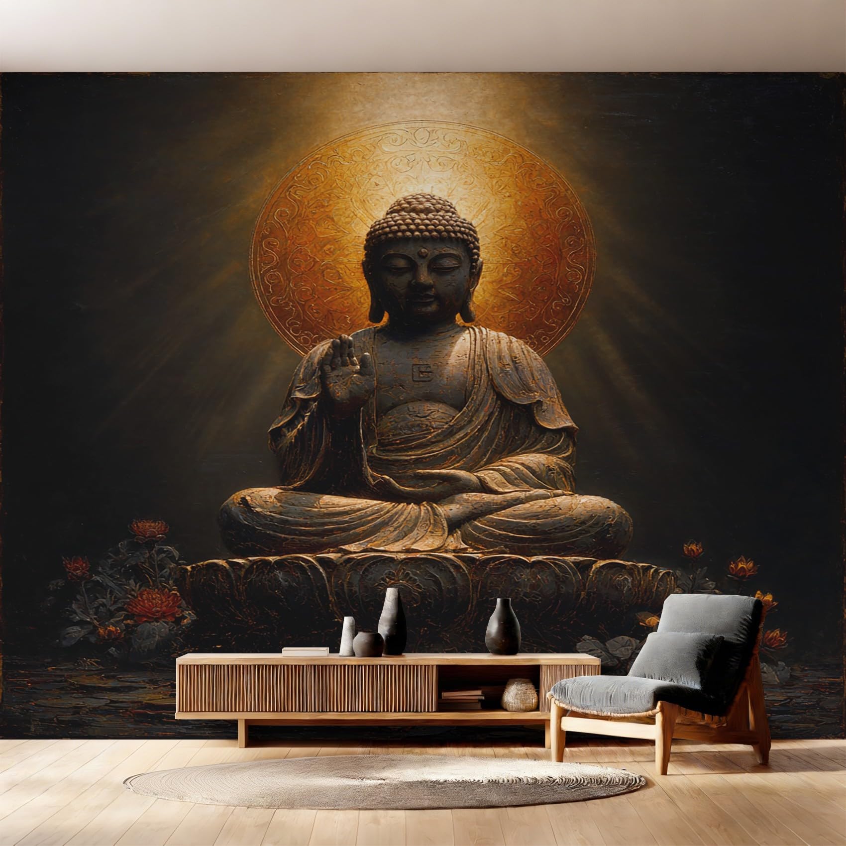 Papier peint zen bouddha masquer imperfections mur salon panoramique intissé