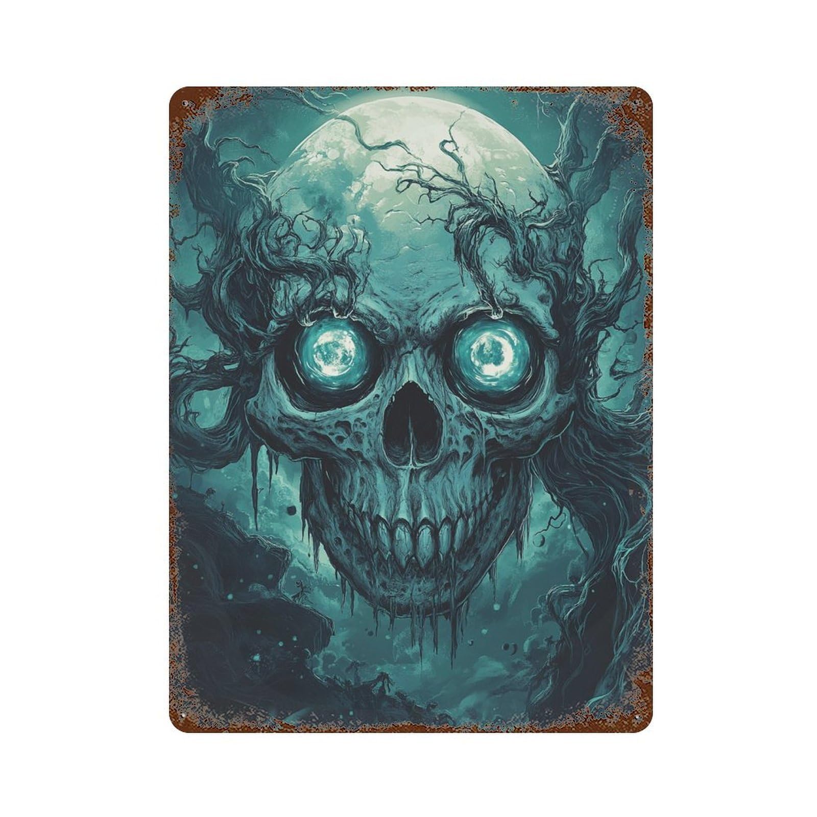Spooky Skull with Full Moon Rust Effect Tin Sign 15.7"x11.8", Novelty Wall Decor for Patio, Garden Room And Bar Decor