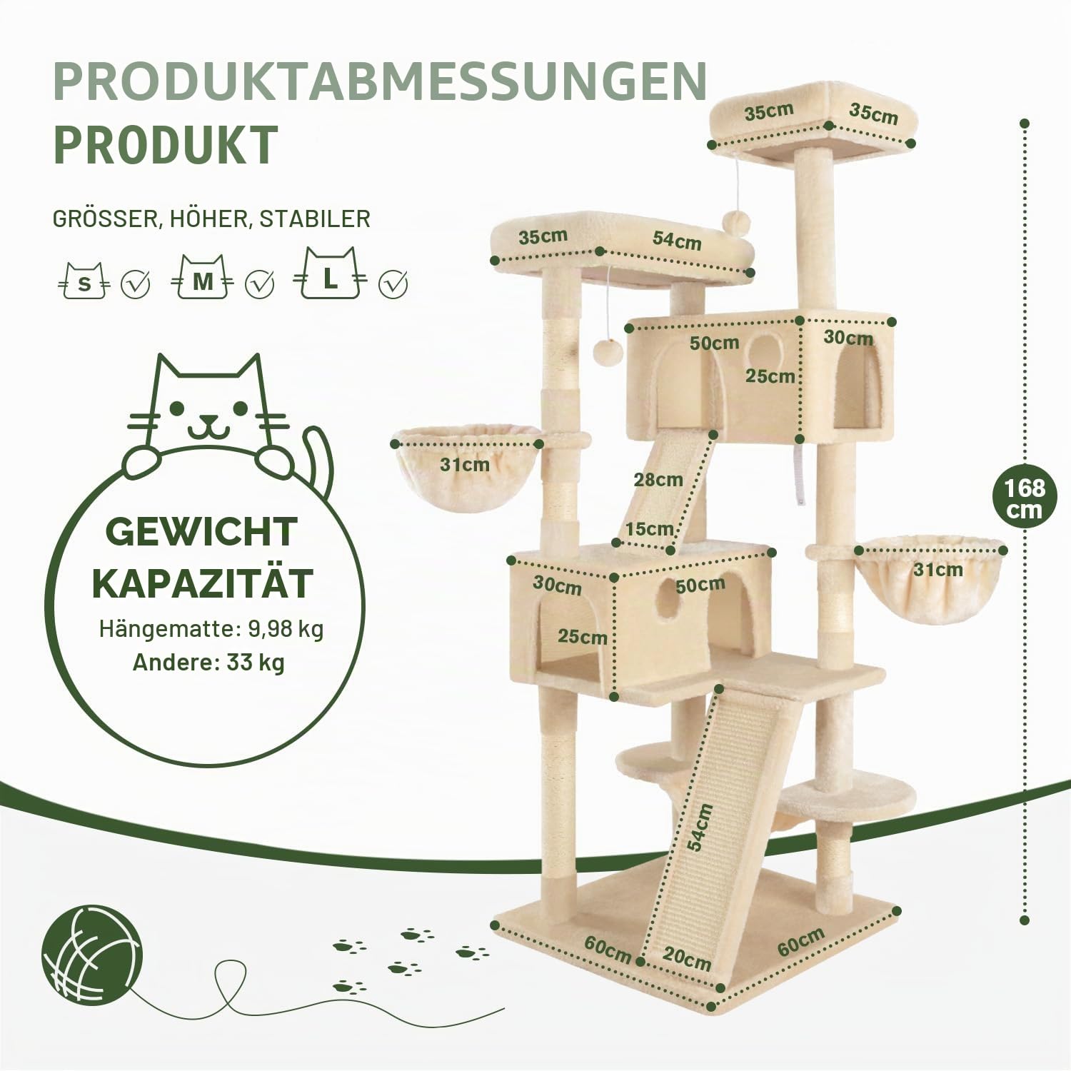 MUTICOR Großer Kratzbaum mit Mehreren Ebenen, für große Katzen, gemütliche Plüsch-Sitzstangen, Sisal-Kratzbäume, Hängematte und Körbe, Spielhaus, breite Basis, Beige, 168 cm
