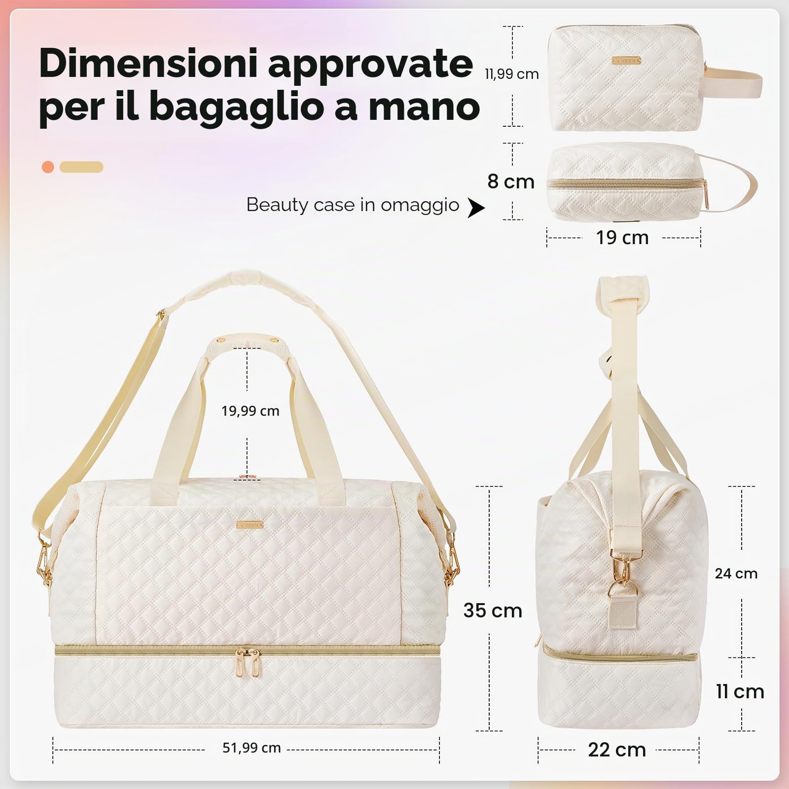 Gloppie 39L Borsone da Viaggio Grande Borsa da Viaggio Donna, Impermeabile Borsa Sportiva Palestra con Scomparto per Scarpe, Borsa Parto Ospedale Mamma Weekend, Beige
